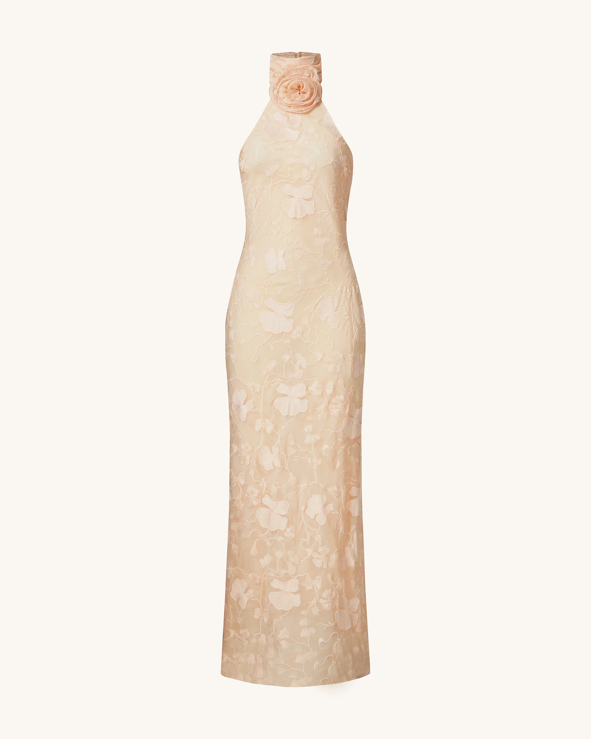 Uliana Pink Beige Floral Lace Halterneck Maxi Dress - Pink Beige - FASHION NOB