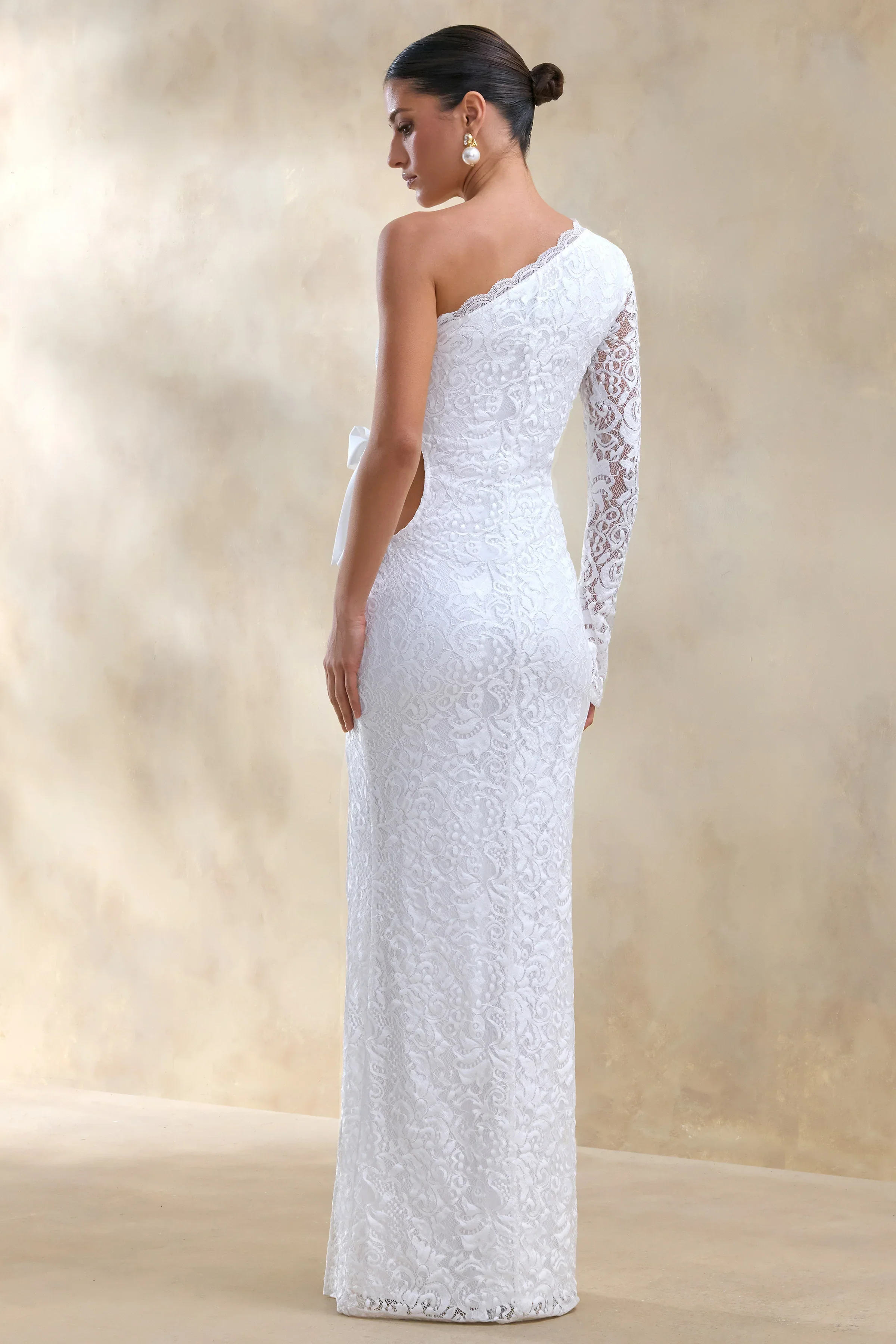 Norna | White Lace Asymmetric-Neck Maxi Dress With Cut-Out And Bow Details