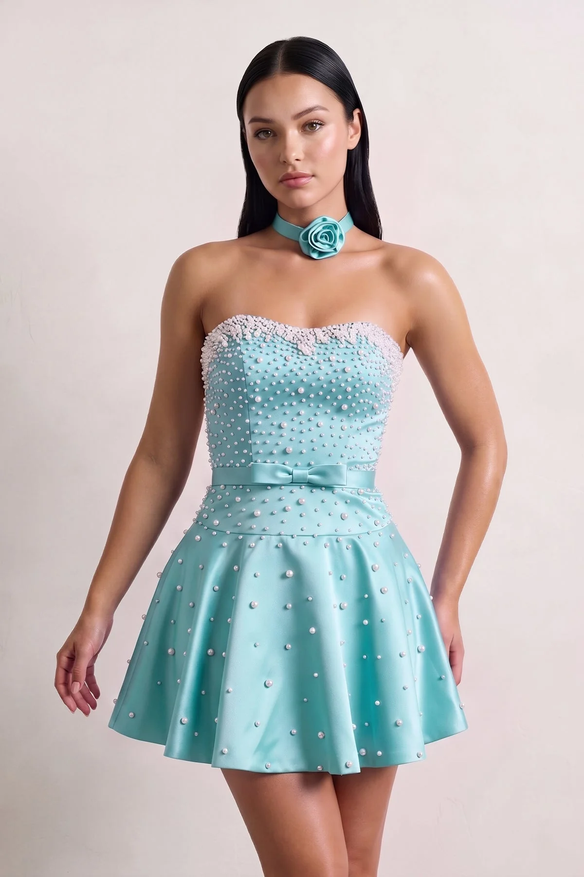 Hot Pink Strapless Pearl A-Line Satin Homecoming Dress With Bowknot