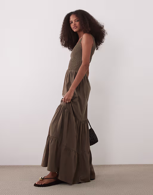 Brave Soul scoop neck shirred bodice maxi dress with tiered skirt in brown