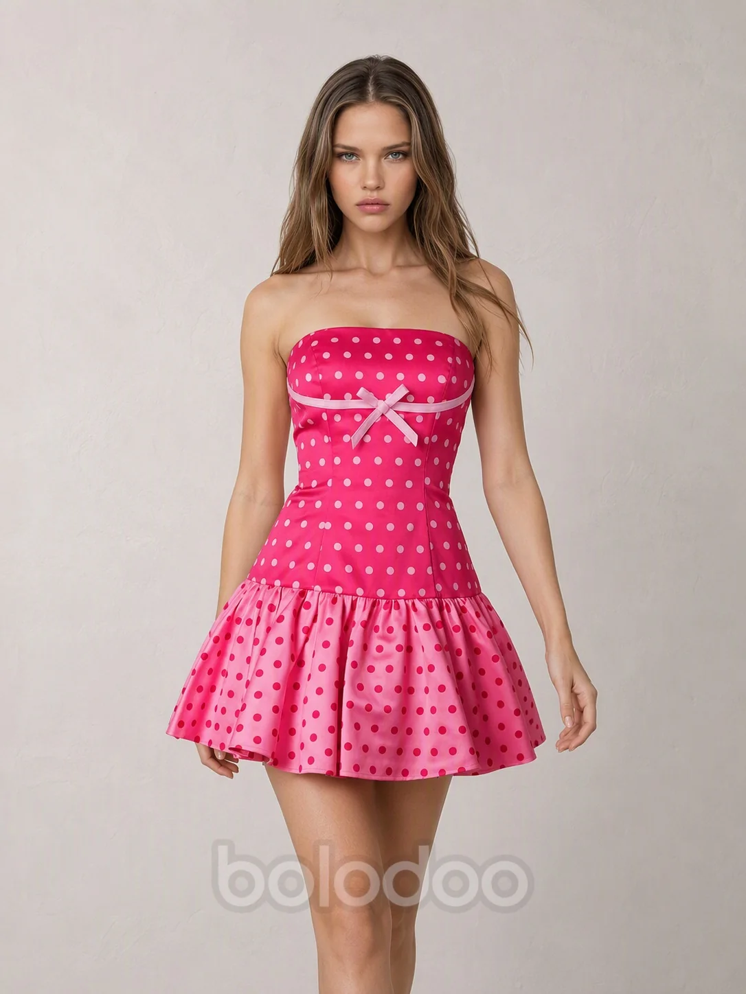 BOLODOO Hot Pink Polka Dot Bow Strapless Fit-and-Flare Mini Dress