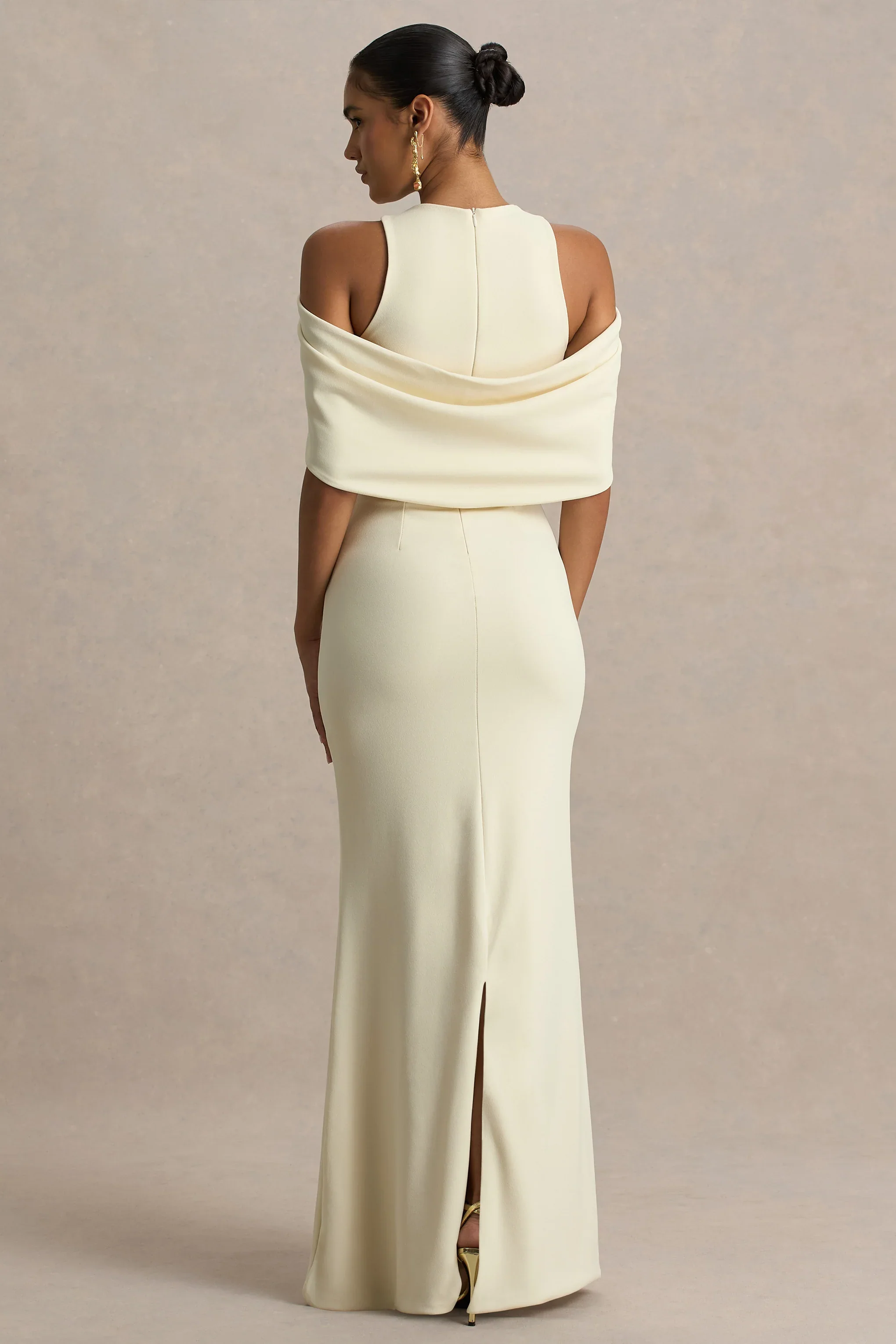 Yulia | Sand High-Neck Maxi Dress With Cape Sleeves