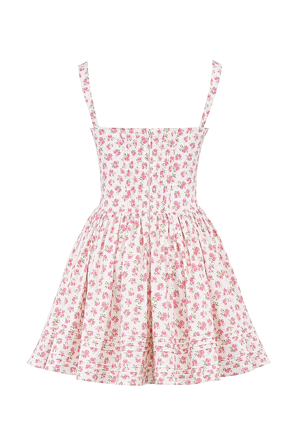 White Rosebud Print Cotton Mini Dress