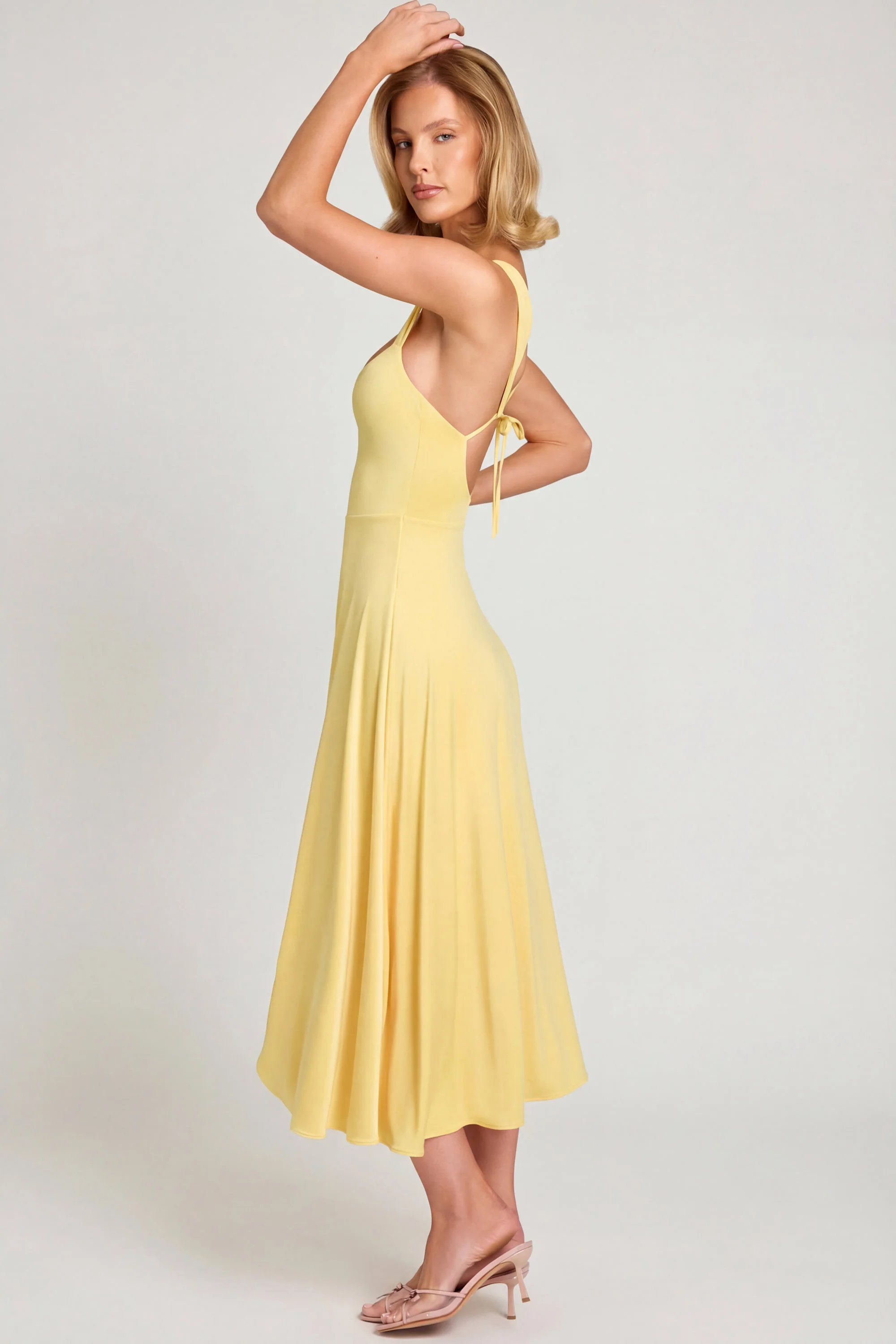 Sweetheart-Neck Ruched Midaxi Dress in Pastel Yellow