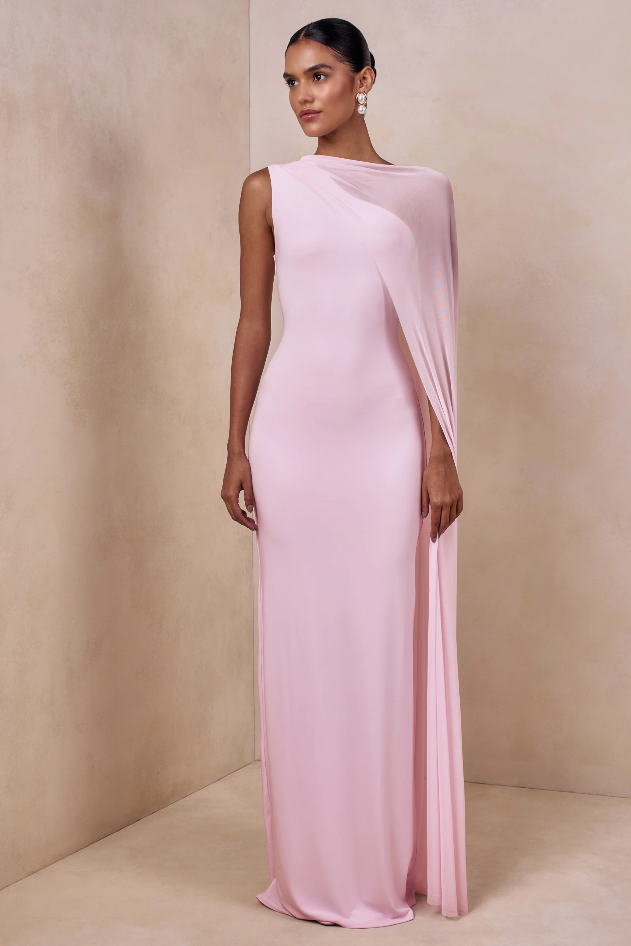 Mirelle | Light Pink Boat-Neck Maxi Dress With Cape-Sleeve