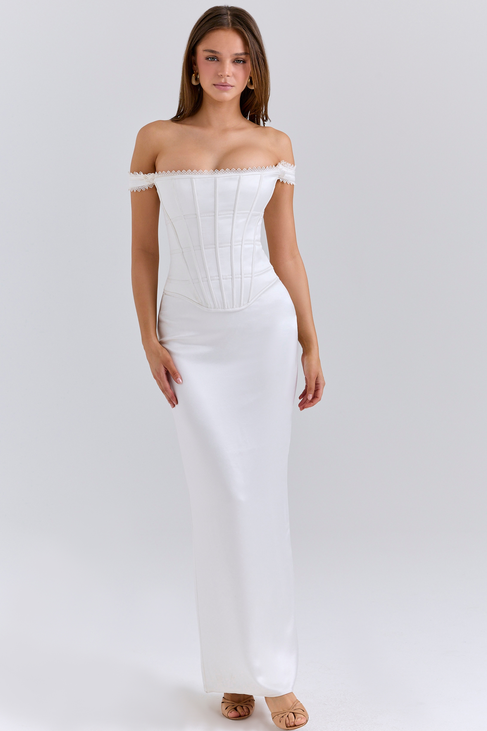 ivory satin corset maxi dress