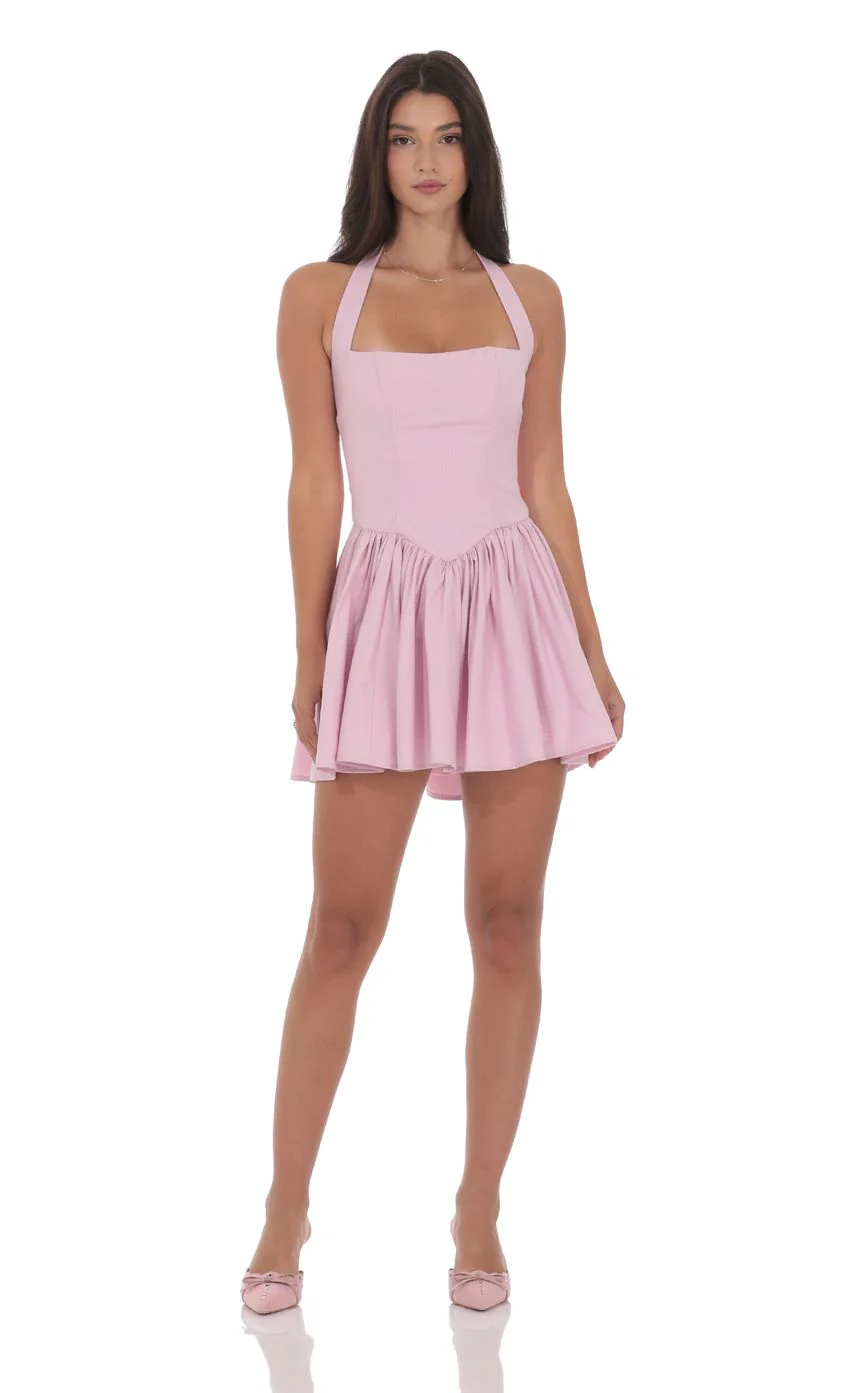 Pinstripe Halter A-line Dress in Pink - luluinthesky