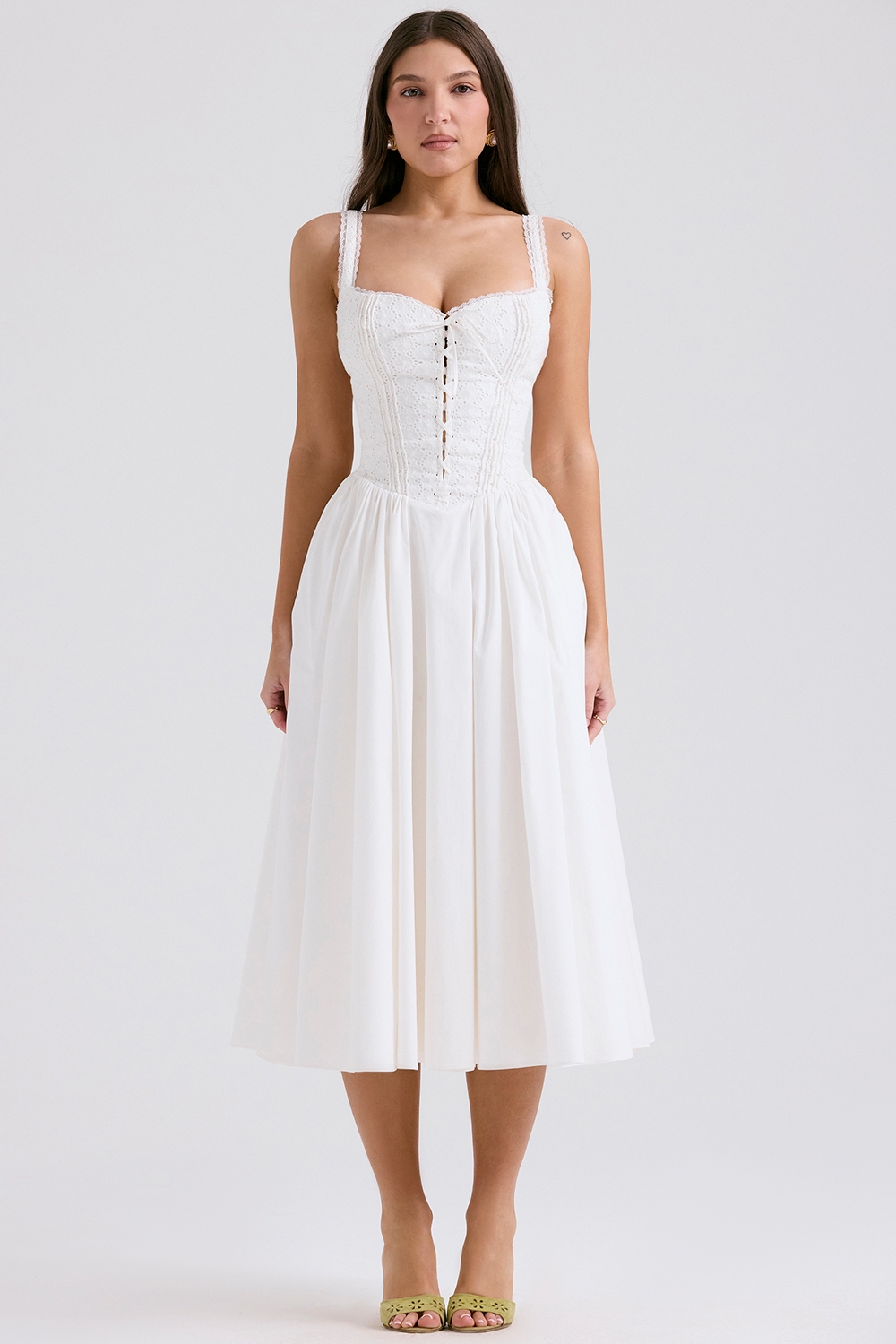 White Broderie Anglais &Amp; Cotton Midi Dress