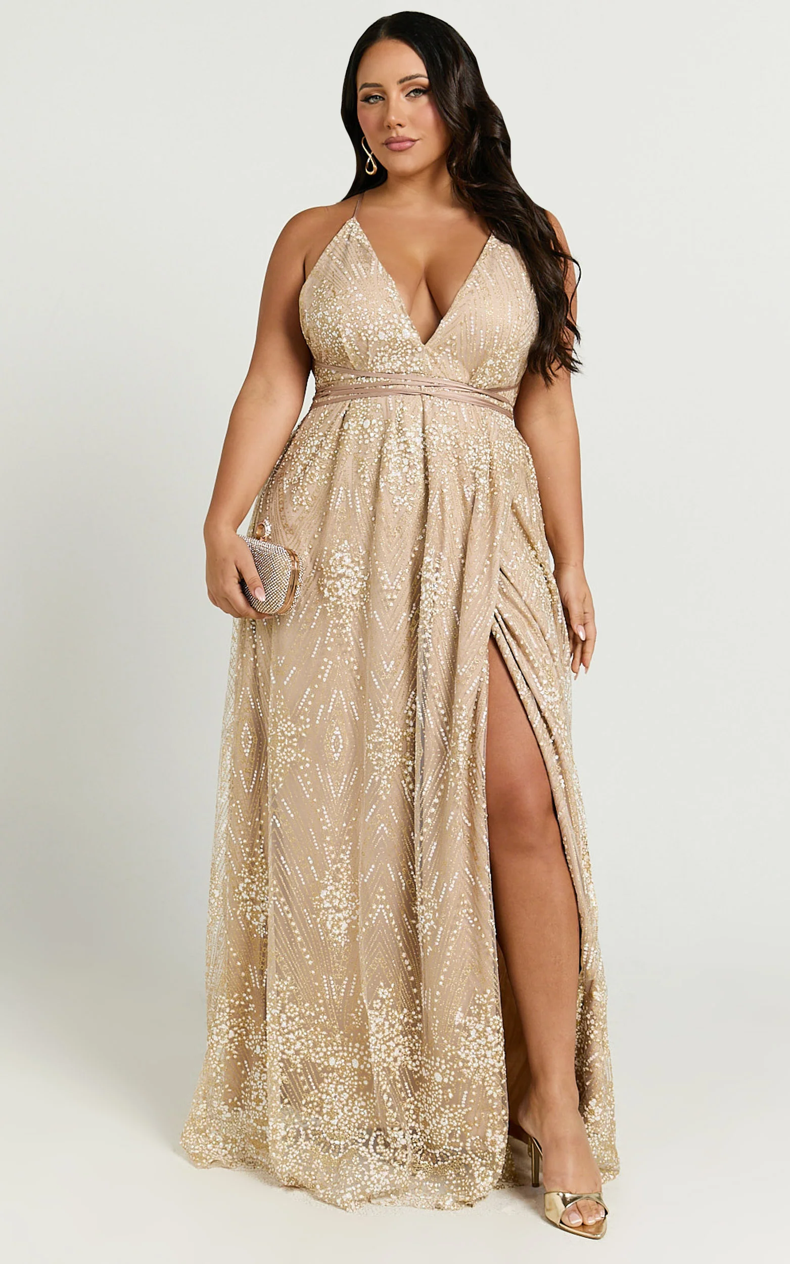 New York Nights Maxi Dress - Sequin Plunge Cross Back Dress in Gold