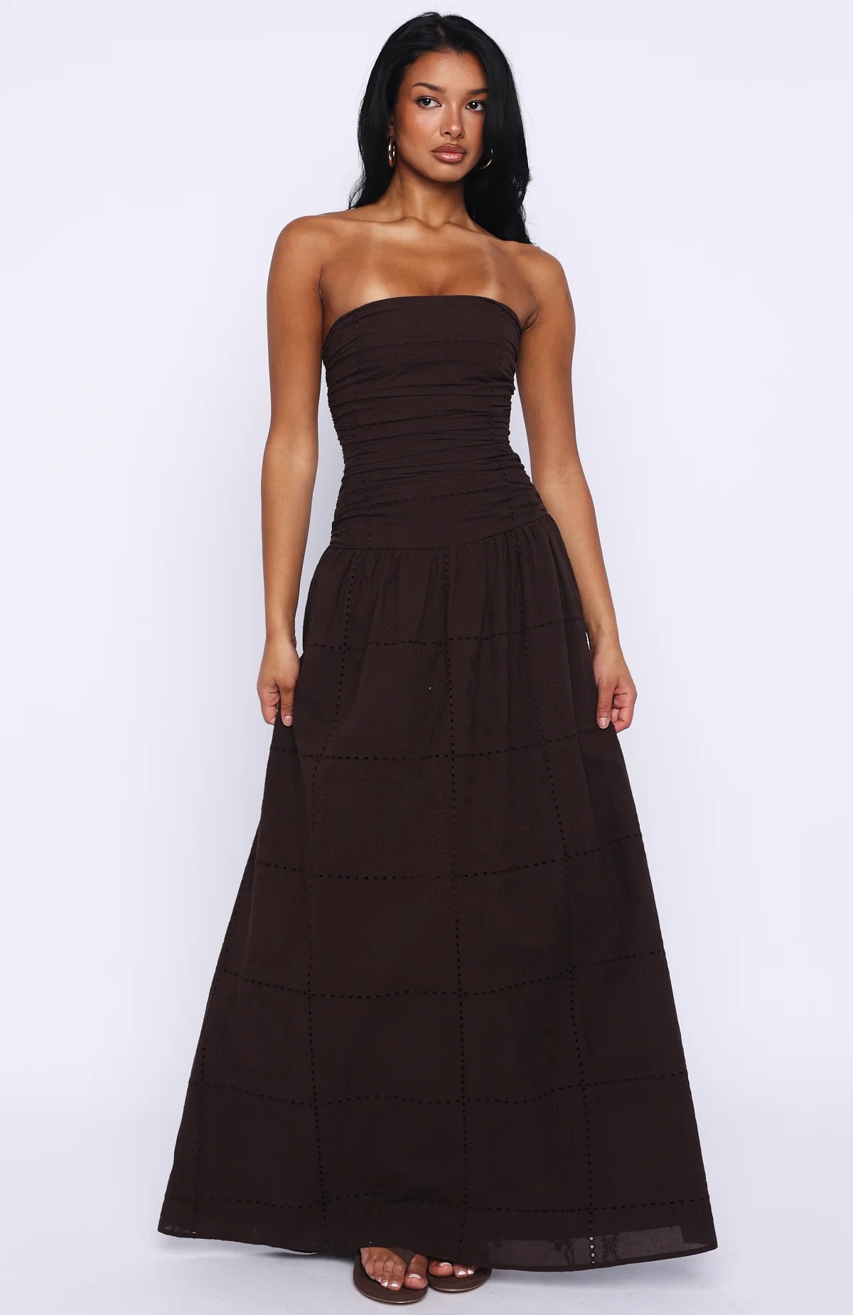 Bittersweet Babe Strapless Broderie Maxi Dress Chocolate