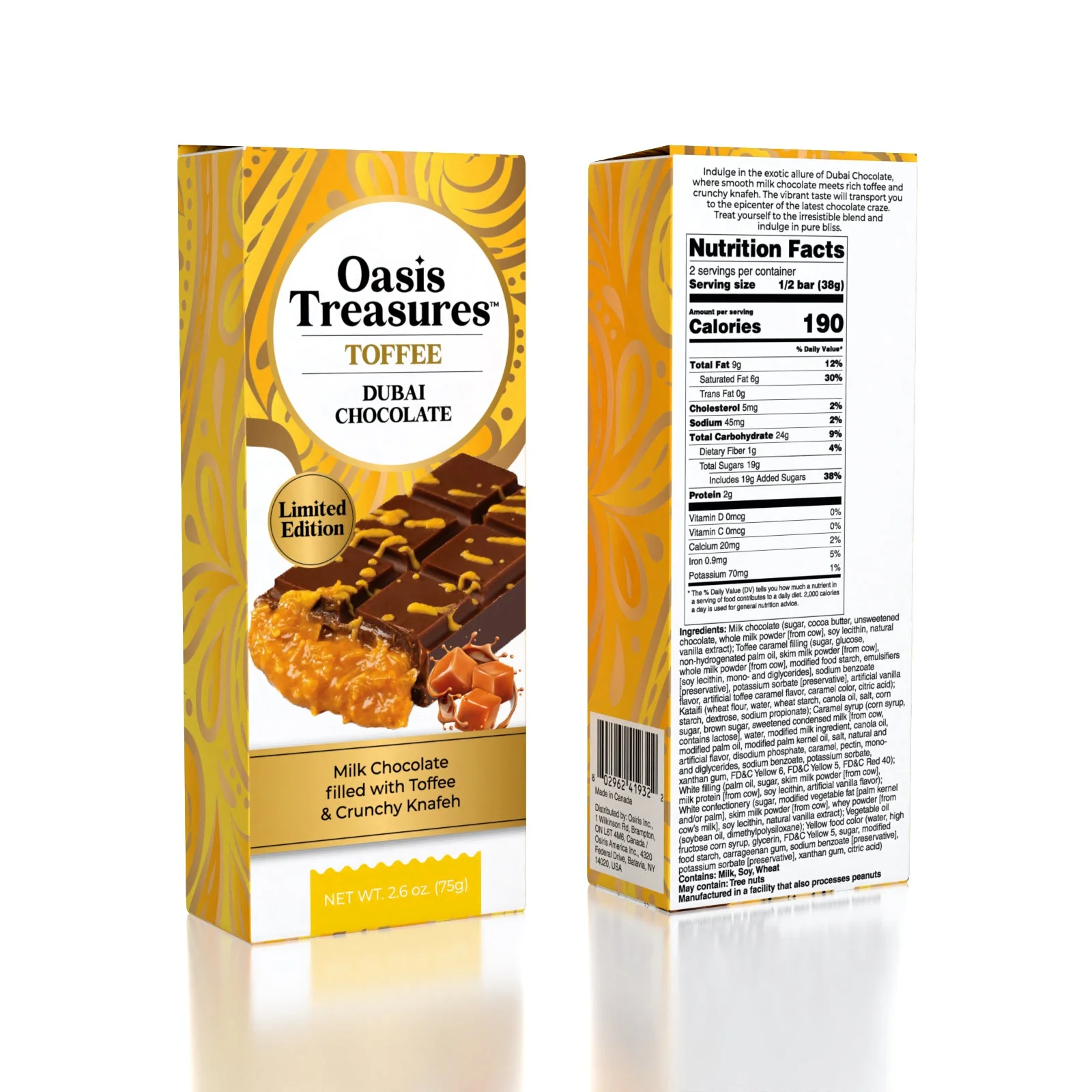 Dubai Chocolate Bar Limited Edition Toffee by Oasis Treasures 75g (2.65)