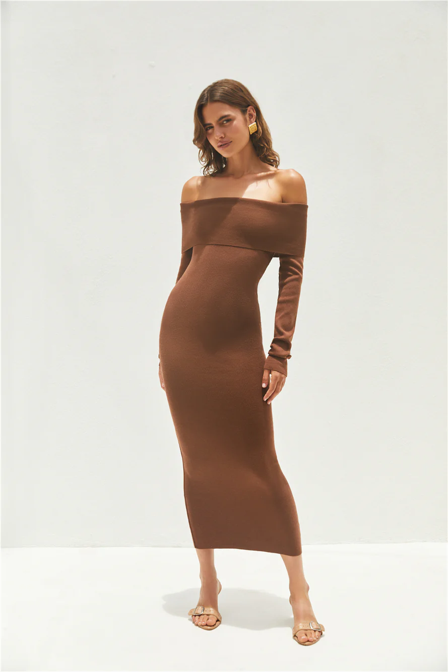 Angels Sing Off Shoulder Knit Maxi Dress Chocolate