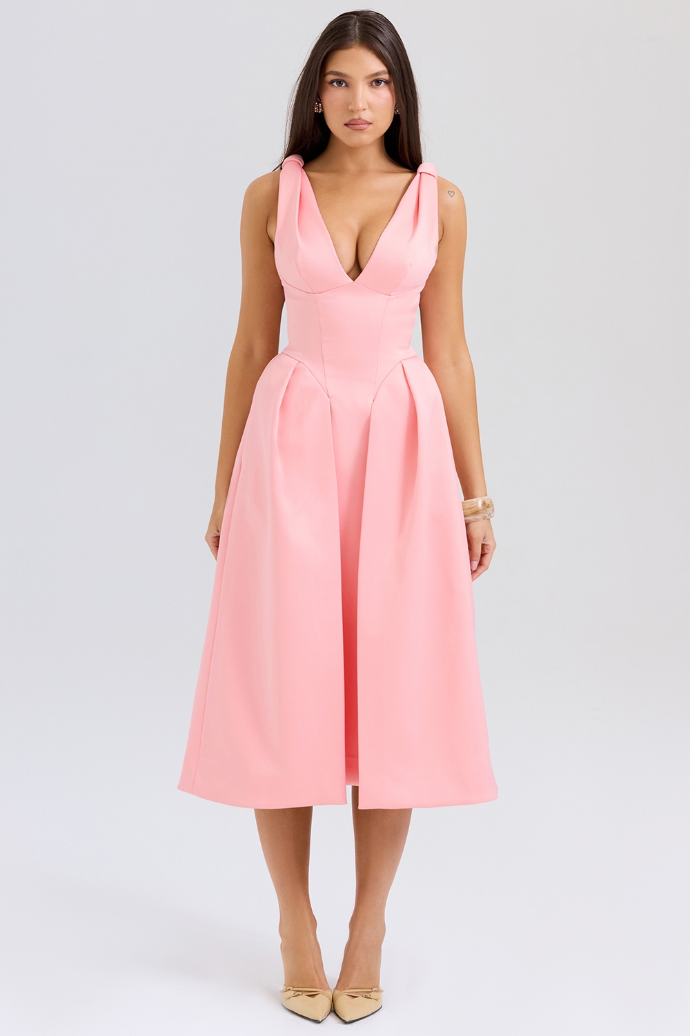 peach satin pleated midi dress - sale