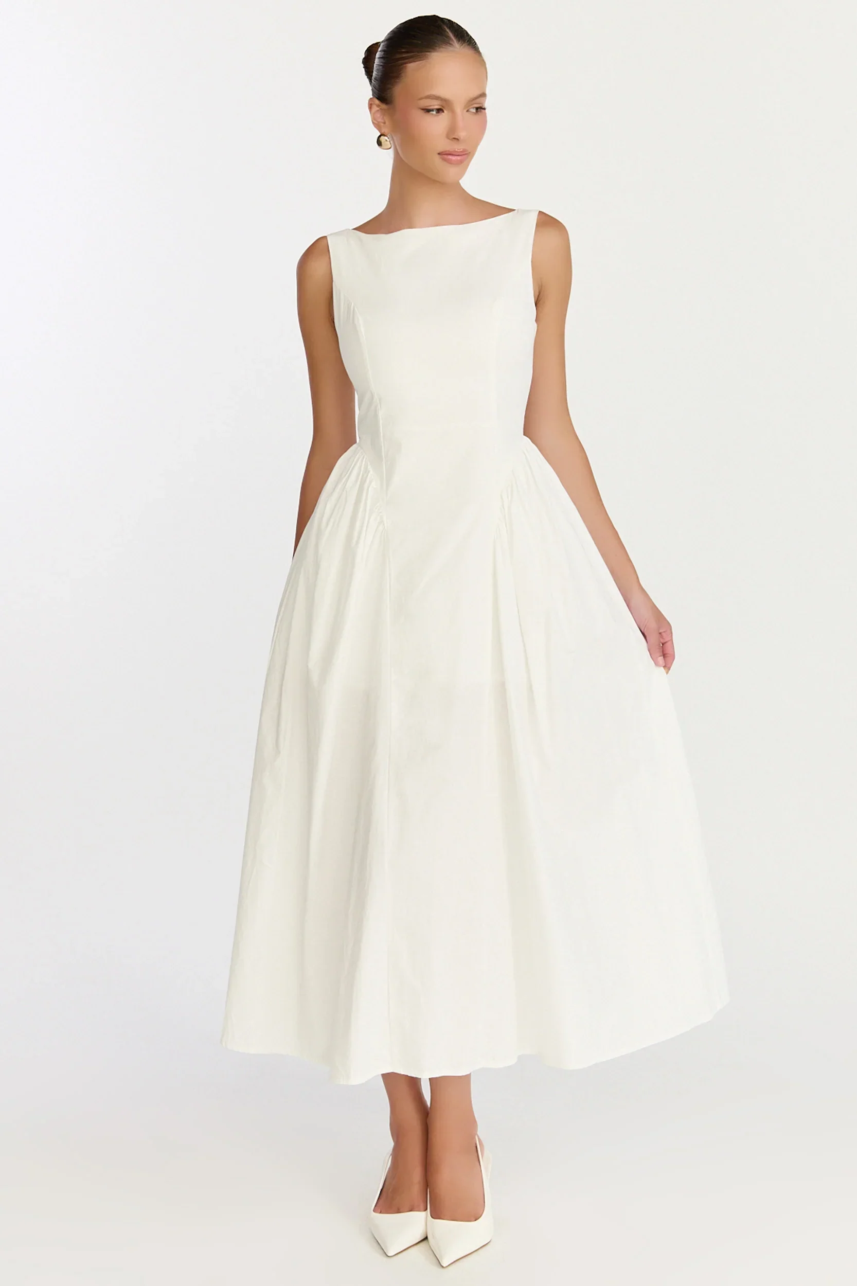 Casina Midi Dress - Boat Neck Tie Back Fit And Flare Dress in Off White