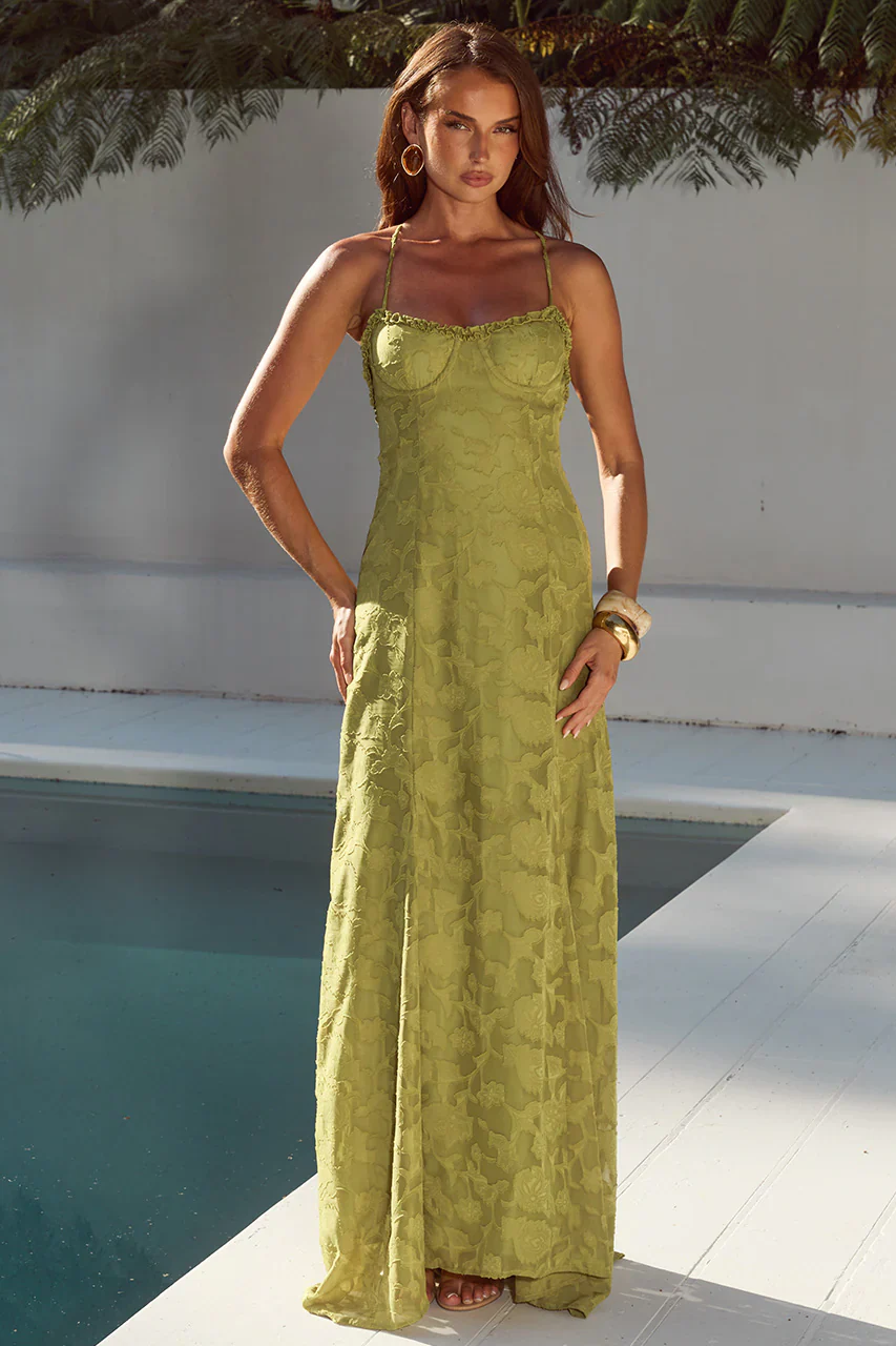 ELLERBY FRILL TRIM MAXI DRESS - OLIVE - luluinthesky