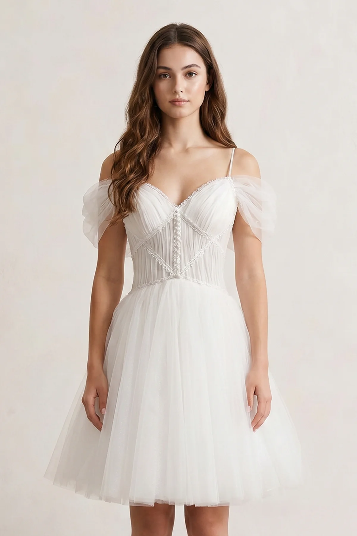 Ivory A-line V Neck Tulle Homecoming Dresses