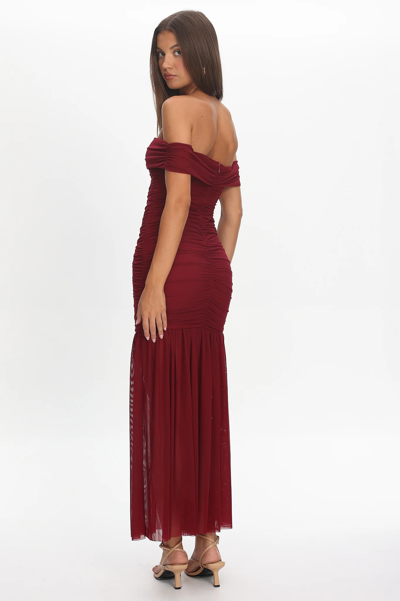 La Salle Off Shoulder Mesh Maxi Dress Wine