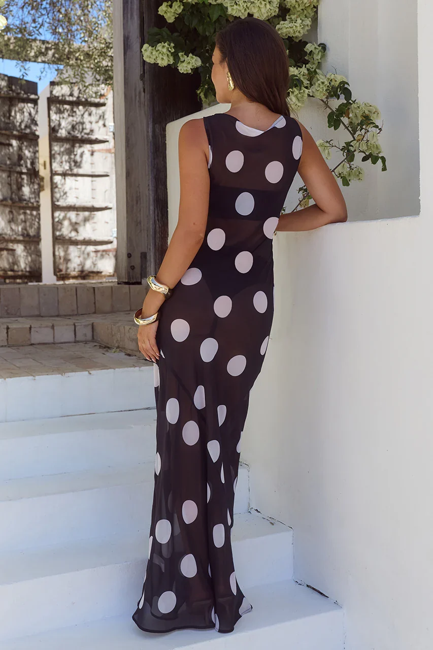 TERA HIGH NECK MAXI DRESS - BLACK/WHITE POLKA