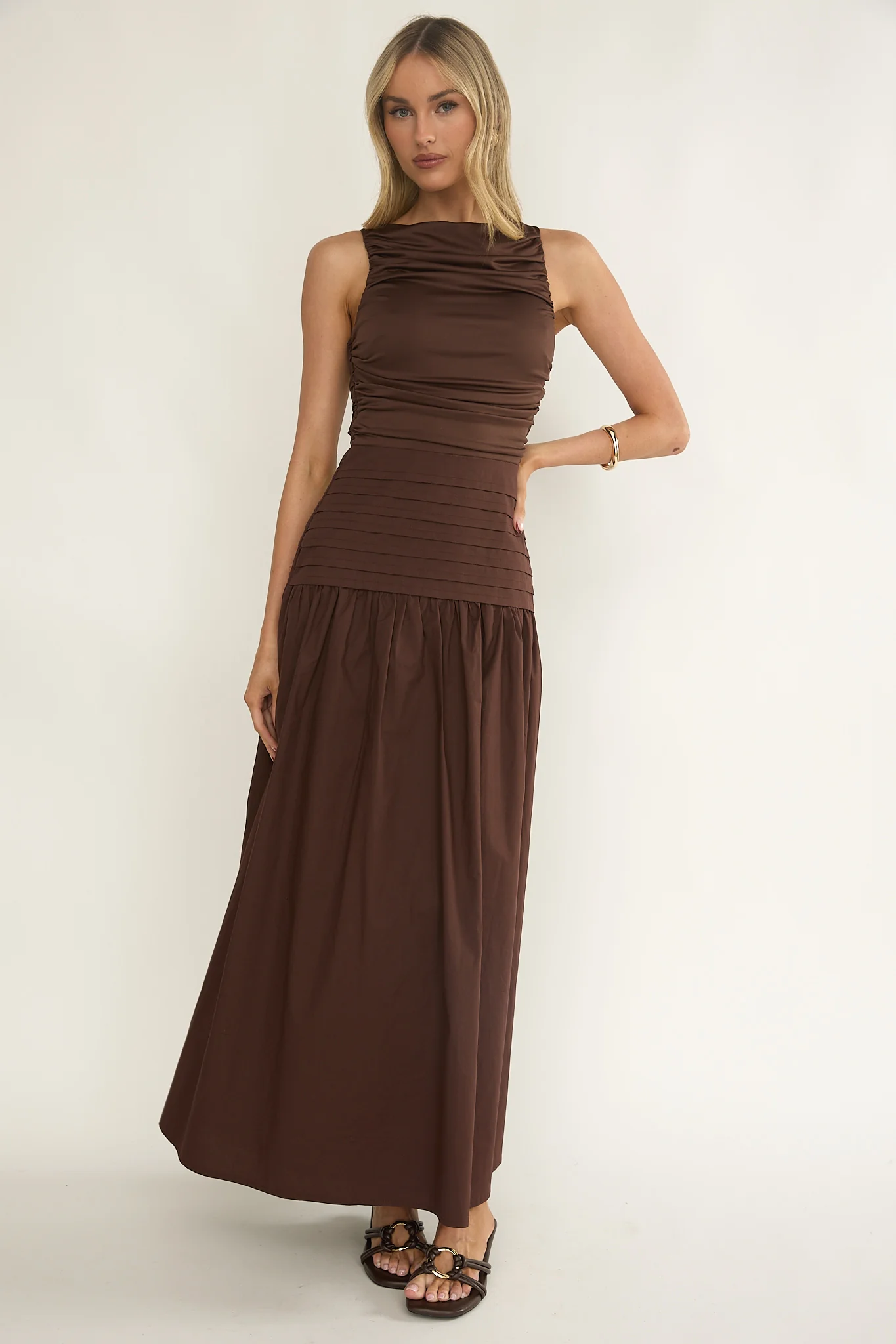 Dalayla Sleeveless Pintuck Maxi Dress Chocolate
