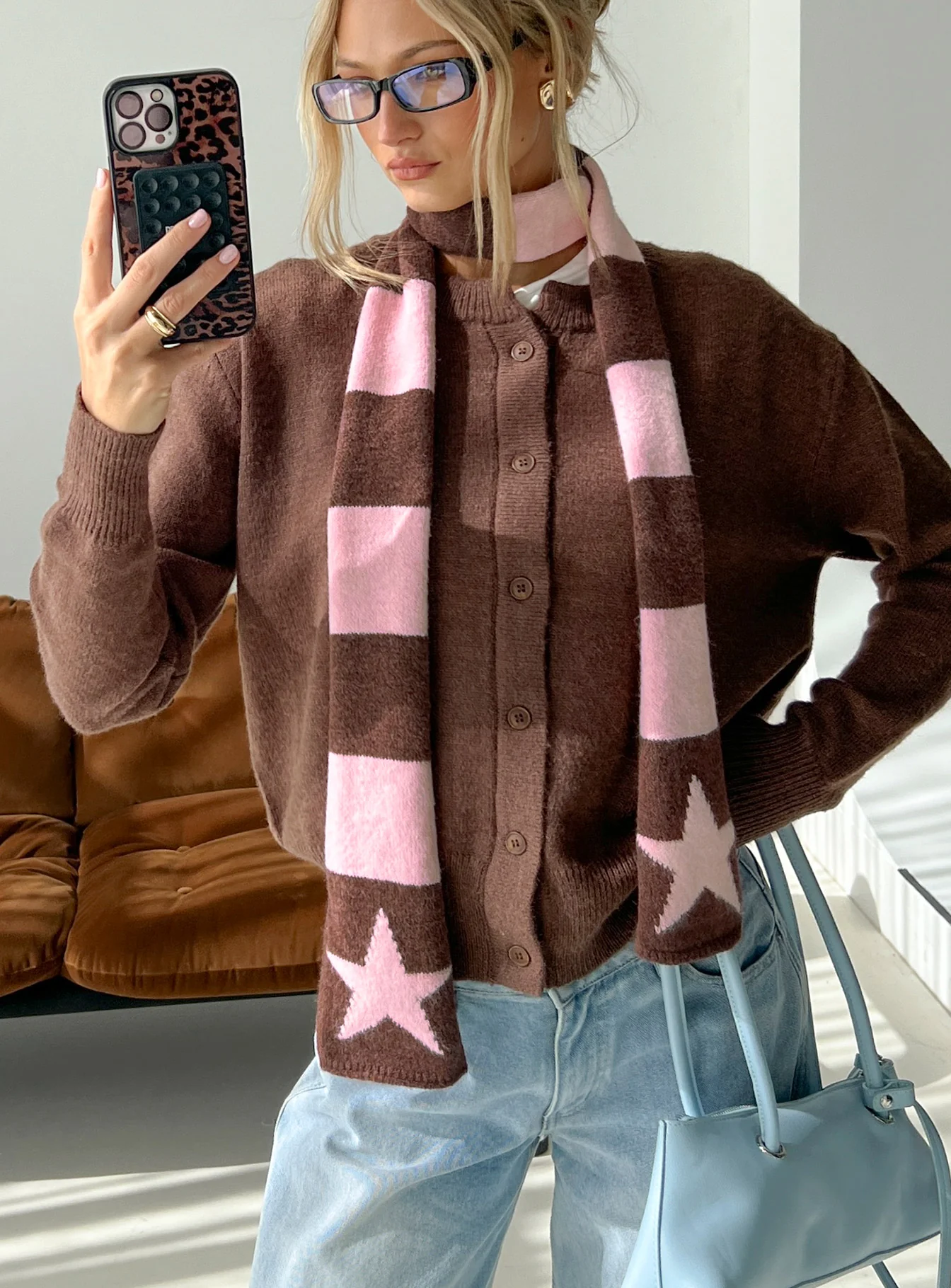 Abelia Star Graphic Scarf Brown / Pink Stripe