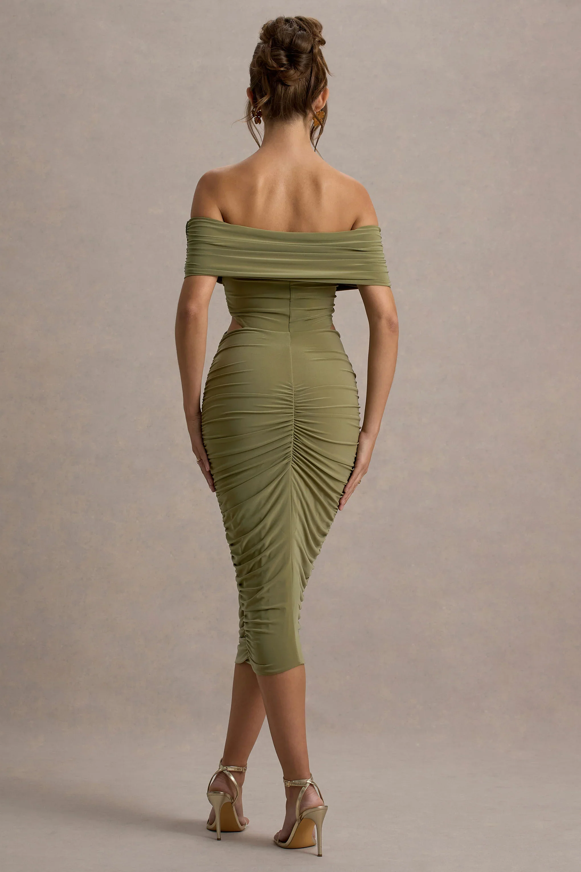 Clovette | Olive Ruched Bardot Cut-Out Midi Dress