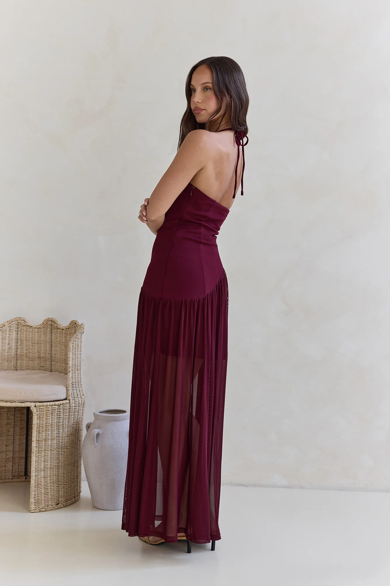 Feel The Light Halter Mesh Maxi Dress Burgundy
