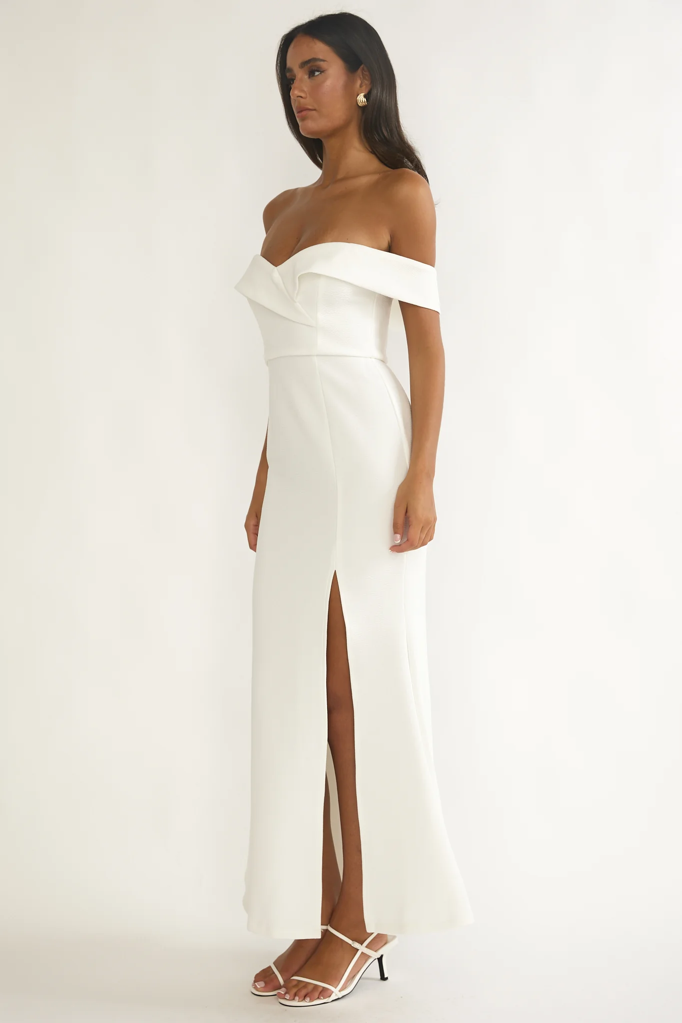 Rider Off-Shoulder Front Split Maxi Dress White - luluinthesky