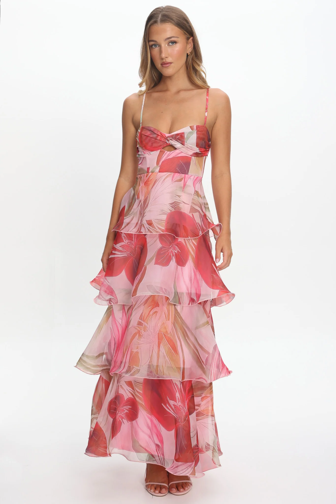 Varenna Layered Sweetheart Neckline Maxi Dress Print Red