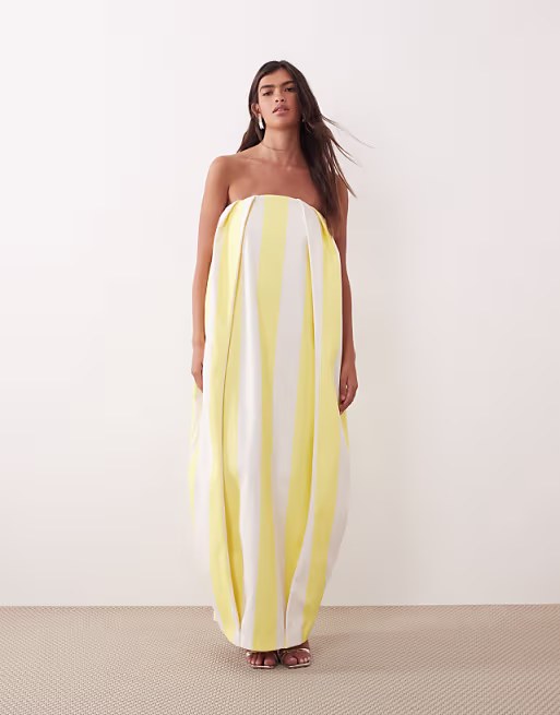 ARRANGE pleat detail cocoon bandeau maxi dress in yellow stripe