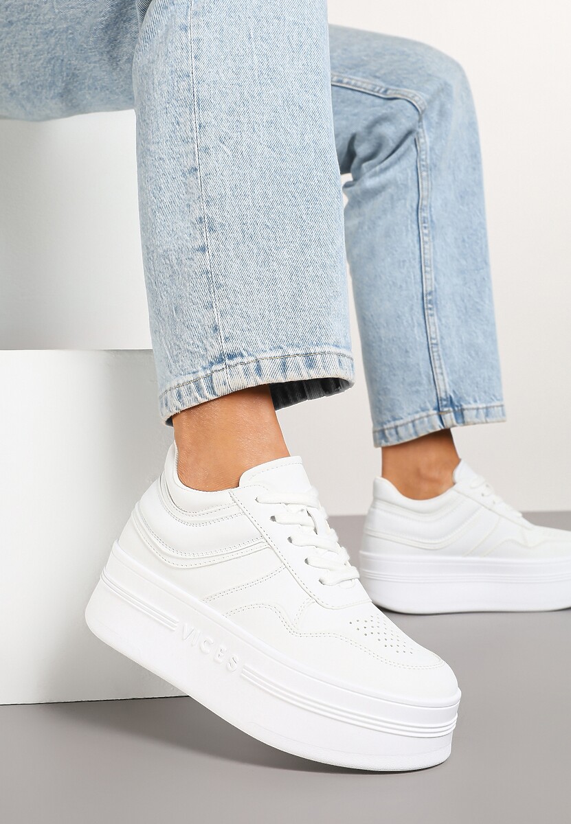 Biało-Srebrne Sneakersy Vices na Platformie z Tłoczonym Napisem ze Sznurowaniem Eanneth