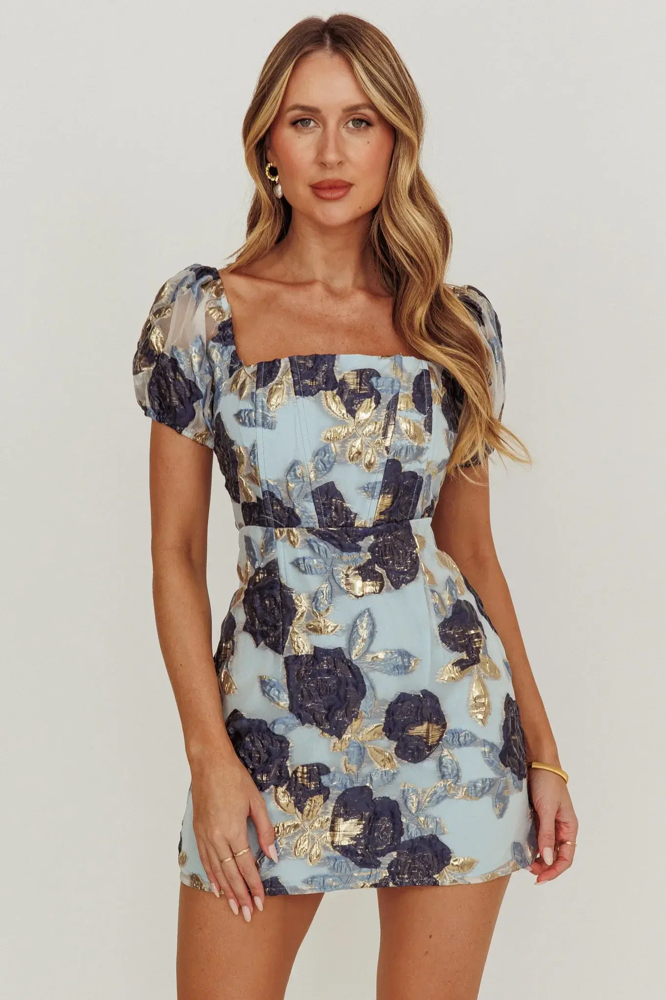 Love To Dream Puff Sleeves Mini Dress Blue - FASHION NOB