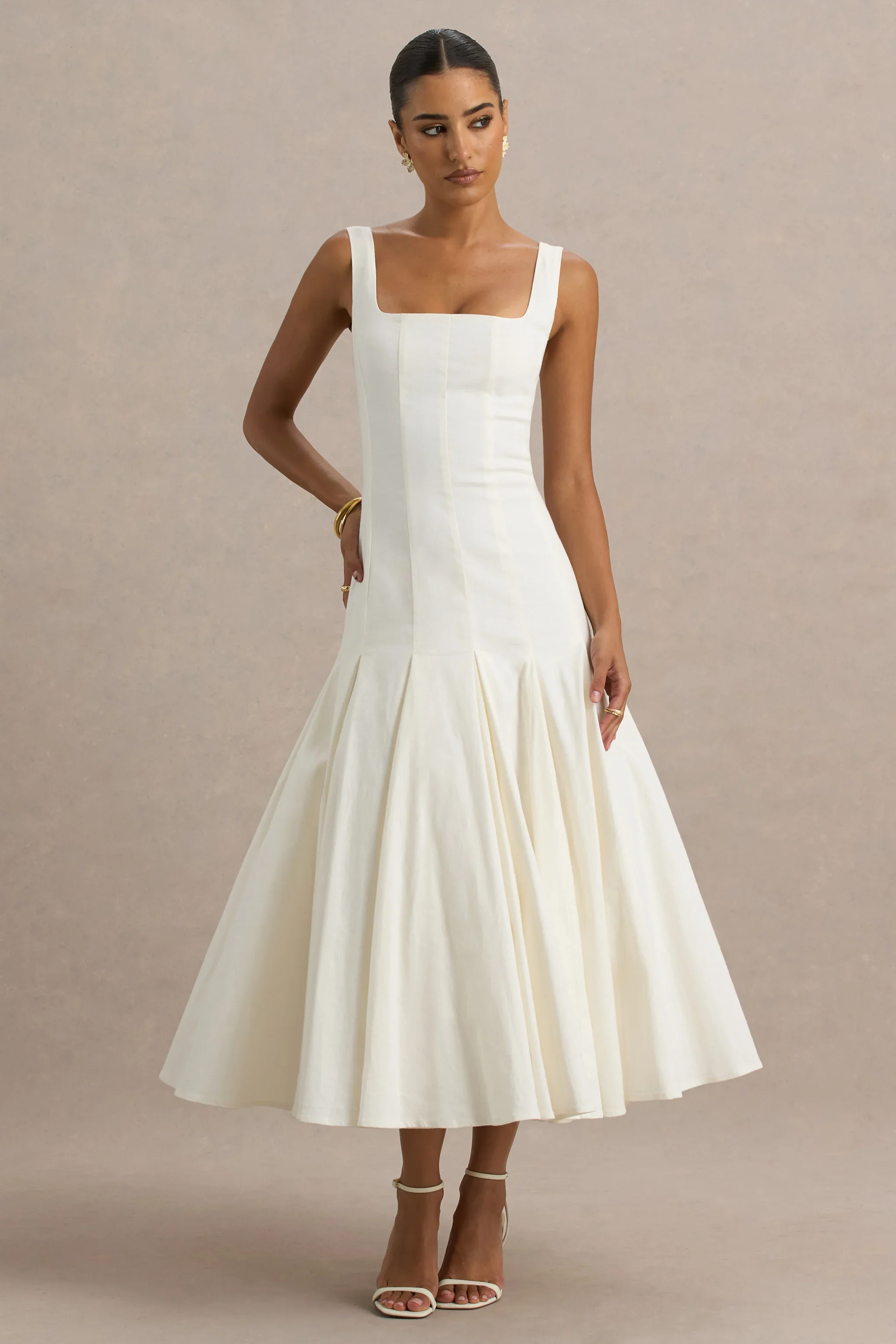 Magnolia | White Scoop-Neck Midi Dress With Drop-Waist And Ruffling Detail - luluinthesky