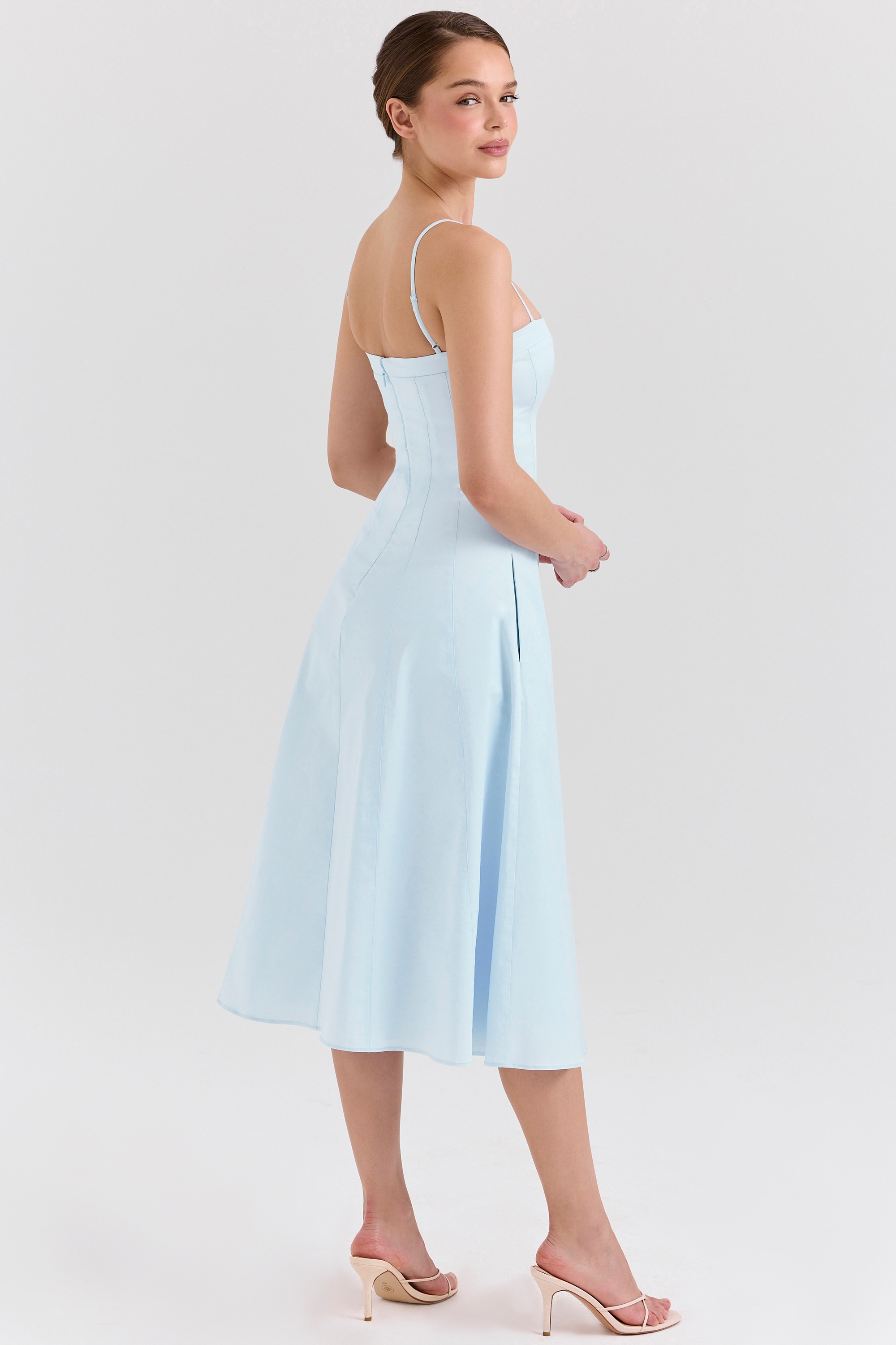 soft blue stretch cotton a-line midi sundress