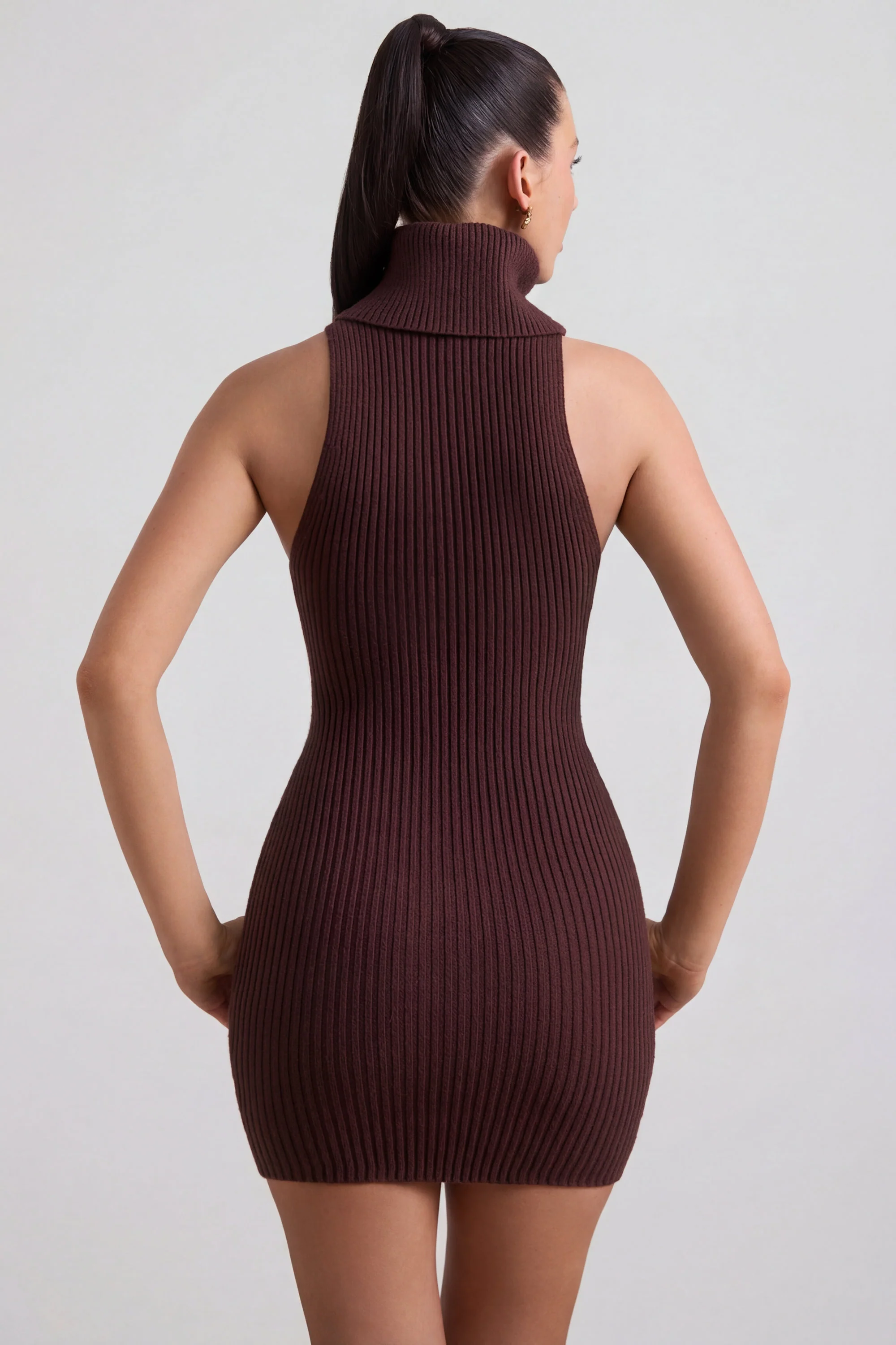 Ribbed-Knit Turtleneck Mini Dress in Espresso