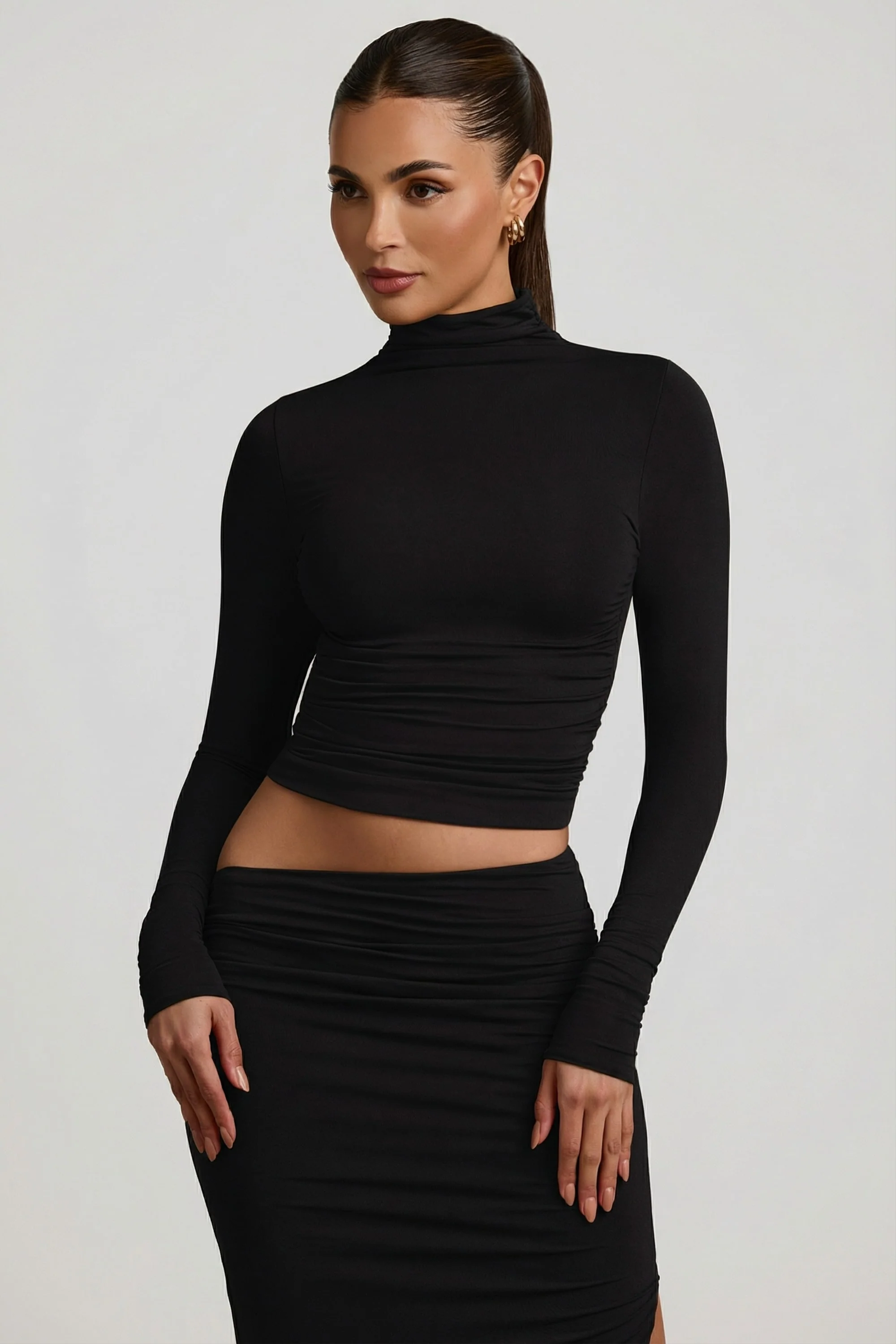 Modal Ruched Backless Turtleneck Top in Black