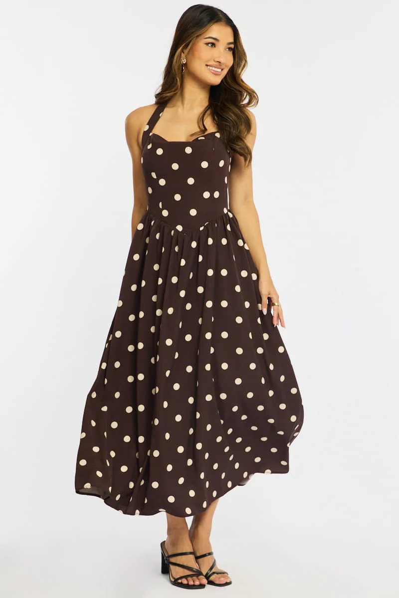 Brown Polka Dot Maxi Dress Halter Neck