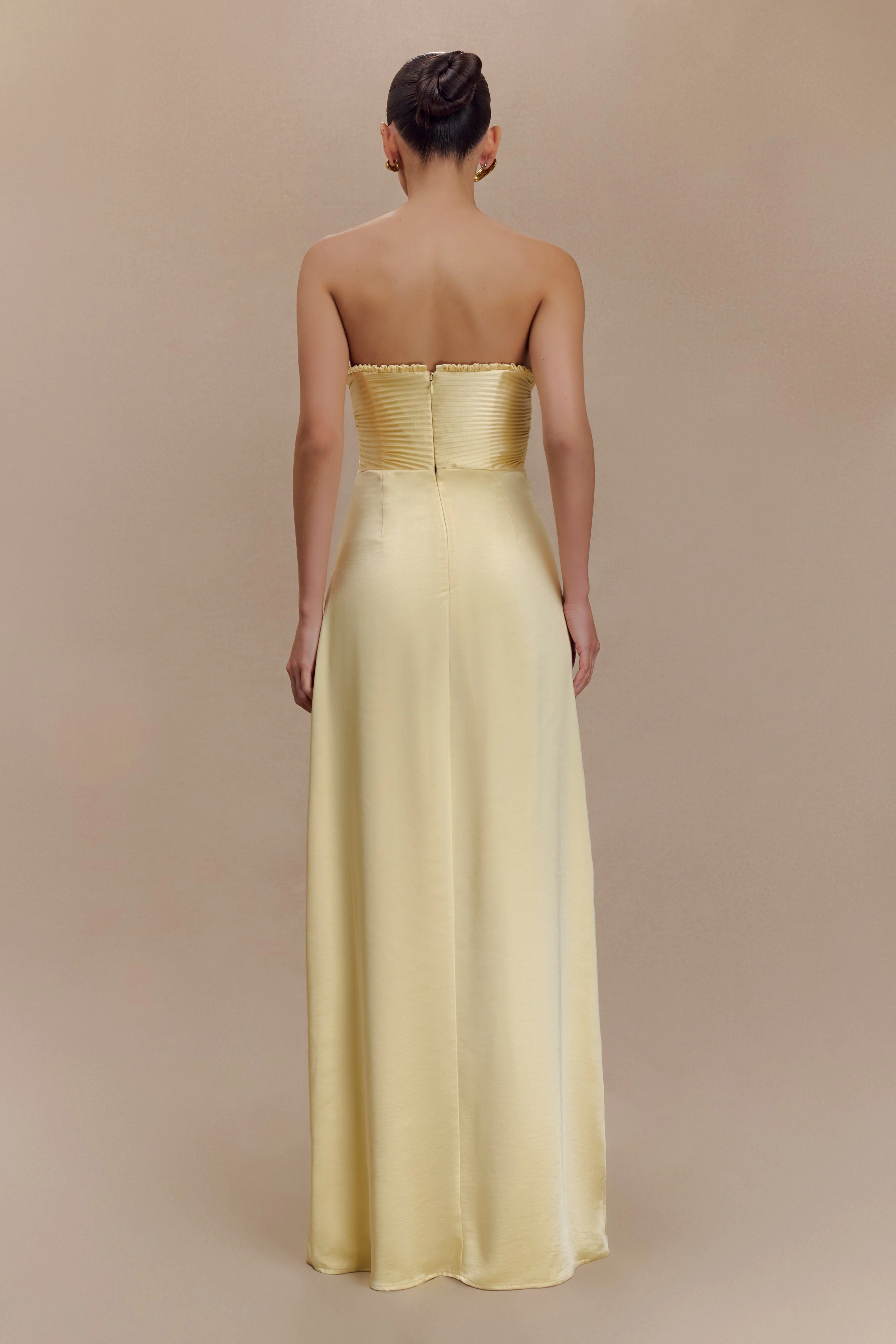 Larissa Satin Maxi Dress With Ruched Petals - Lemon