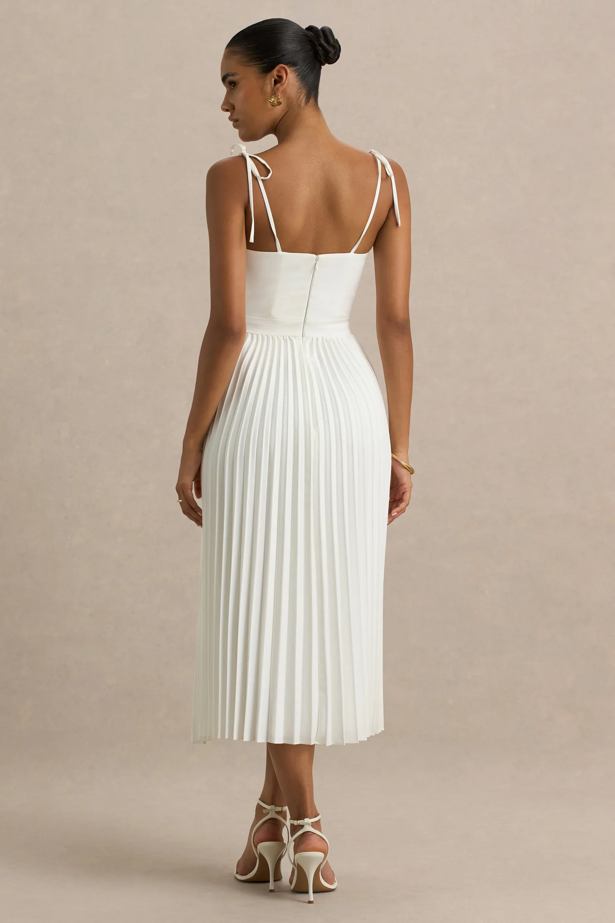 Agua | Cream Satin Sweetheart Midi Dress With Pleated Skirt