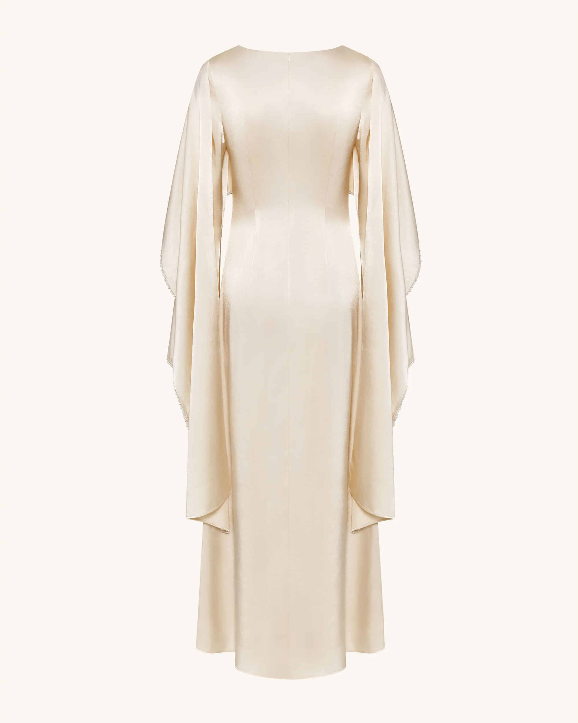 198Pearl-Trimmed Cape Sleeve Boat Neck Maxi Gown-Cream - FASHION NOB