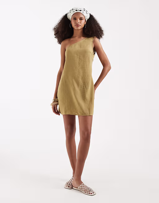 Vero Moda linen look one shoulder mini dress in willow green