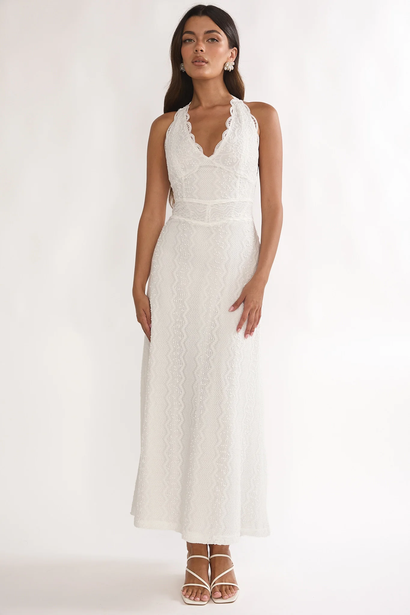 Beaucoup Lace Overlay Halterneck Maxi Dress Cream - luluinthesky