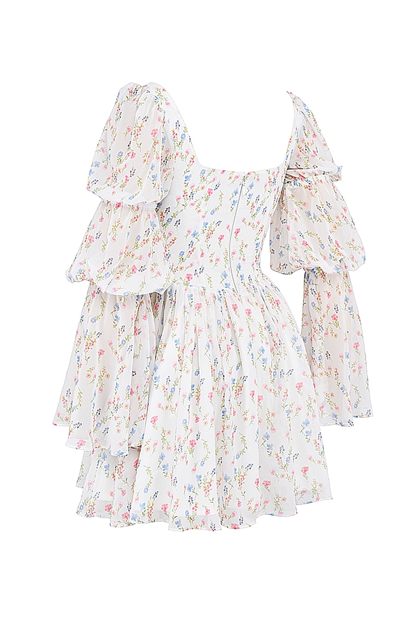 White Posy Print Puff Sleeve Mini Dress