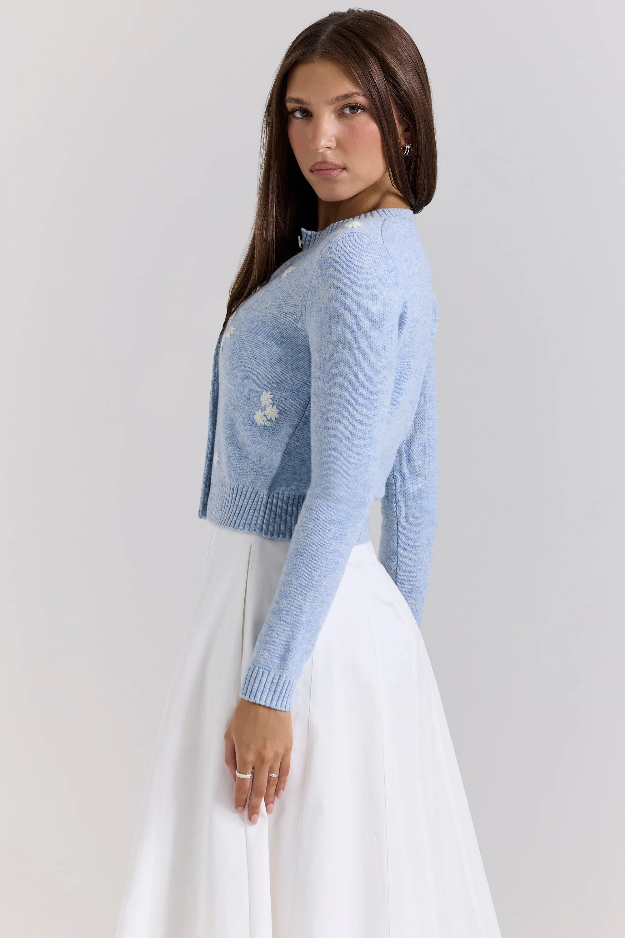 Blue Lambswool Floral Embroidered Cardigan