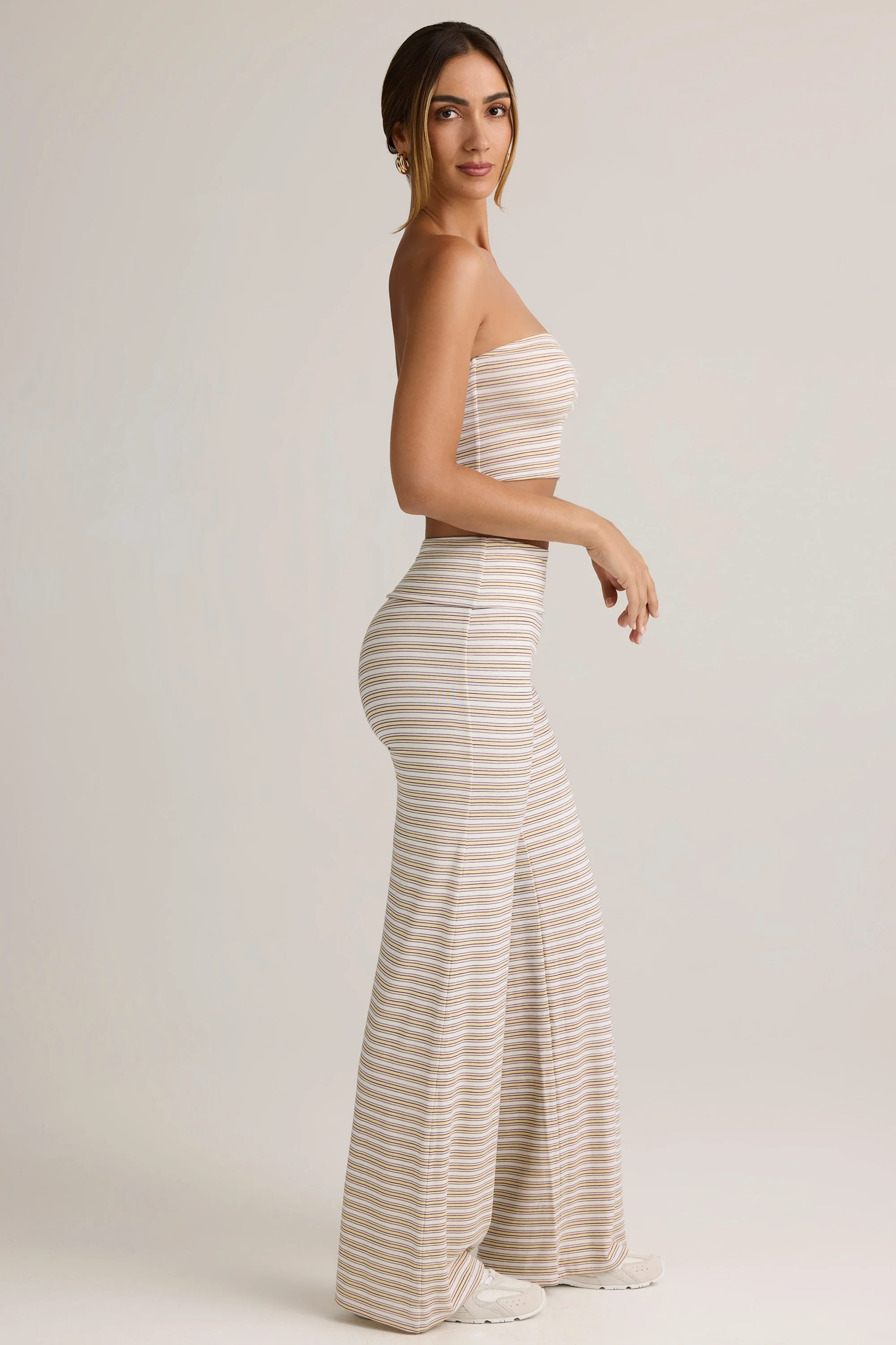 Modal Foldover Wide-Leg Trousers in Pink & Yellow Stripe