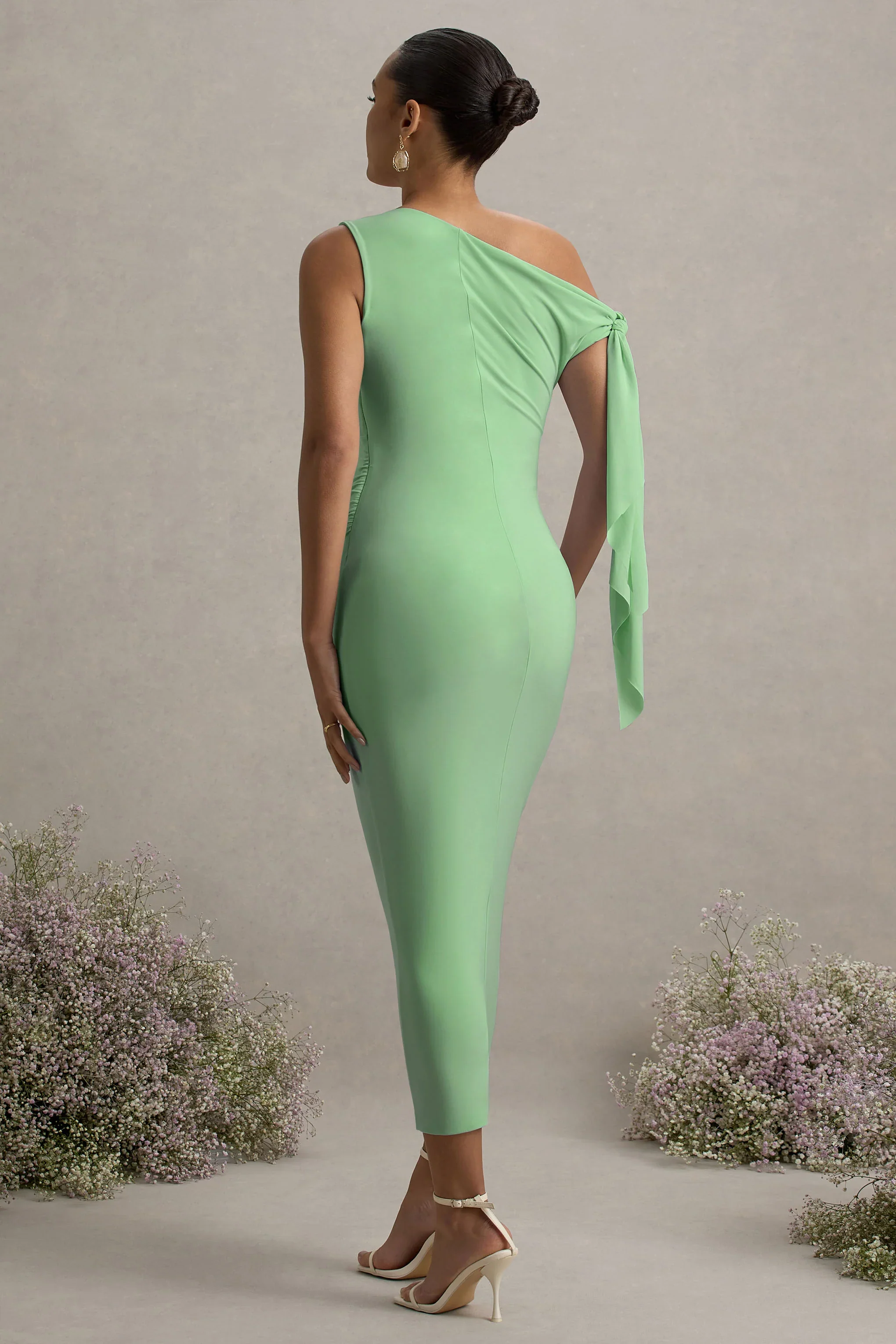 Katarine | Light Green Asymmetric Knot Maternity Midi Dress