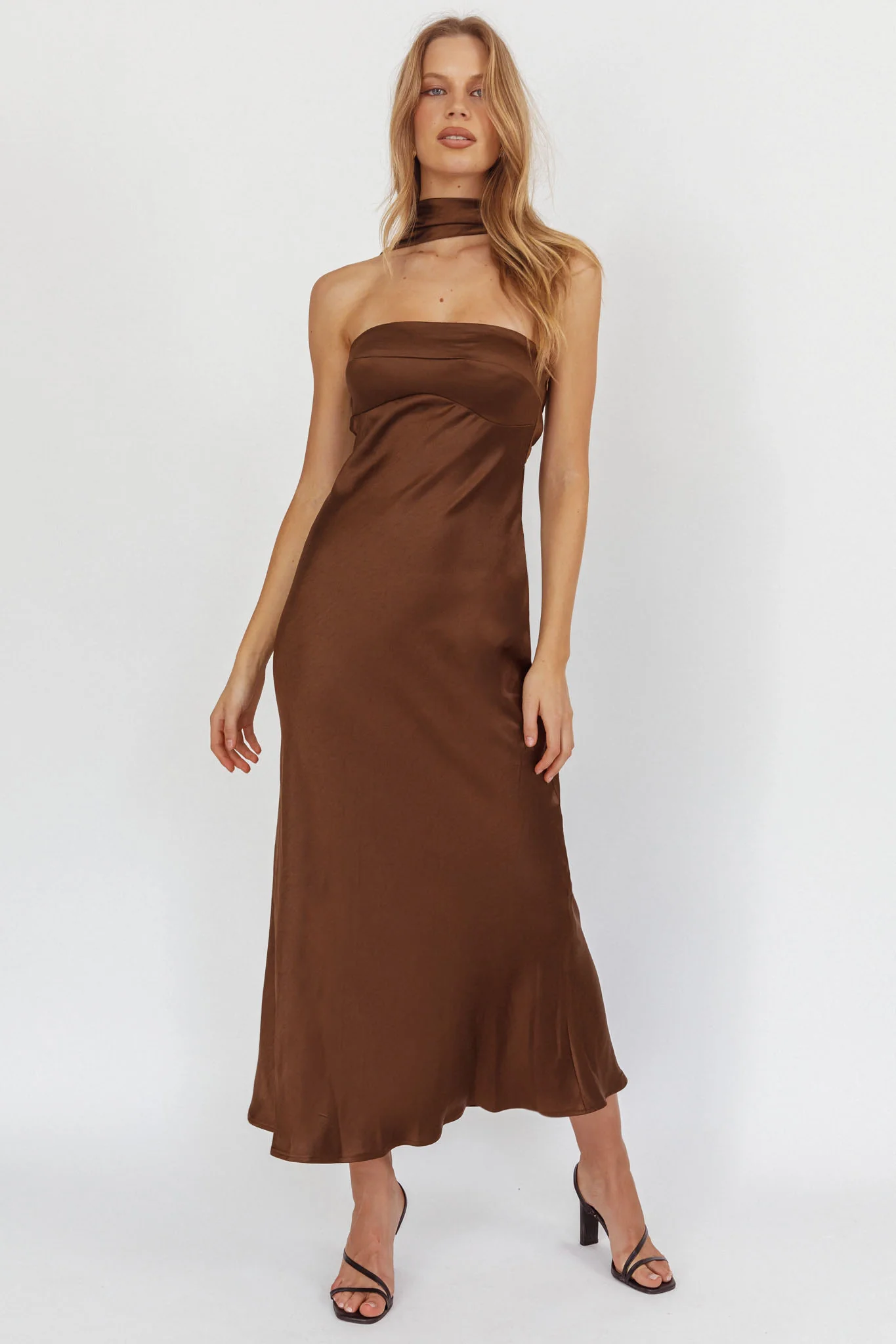 Damsel Reverse Halter Maxi Dress Satin Chocolate