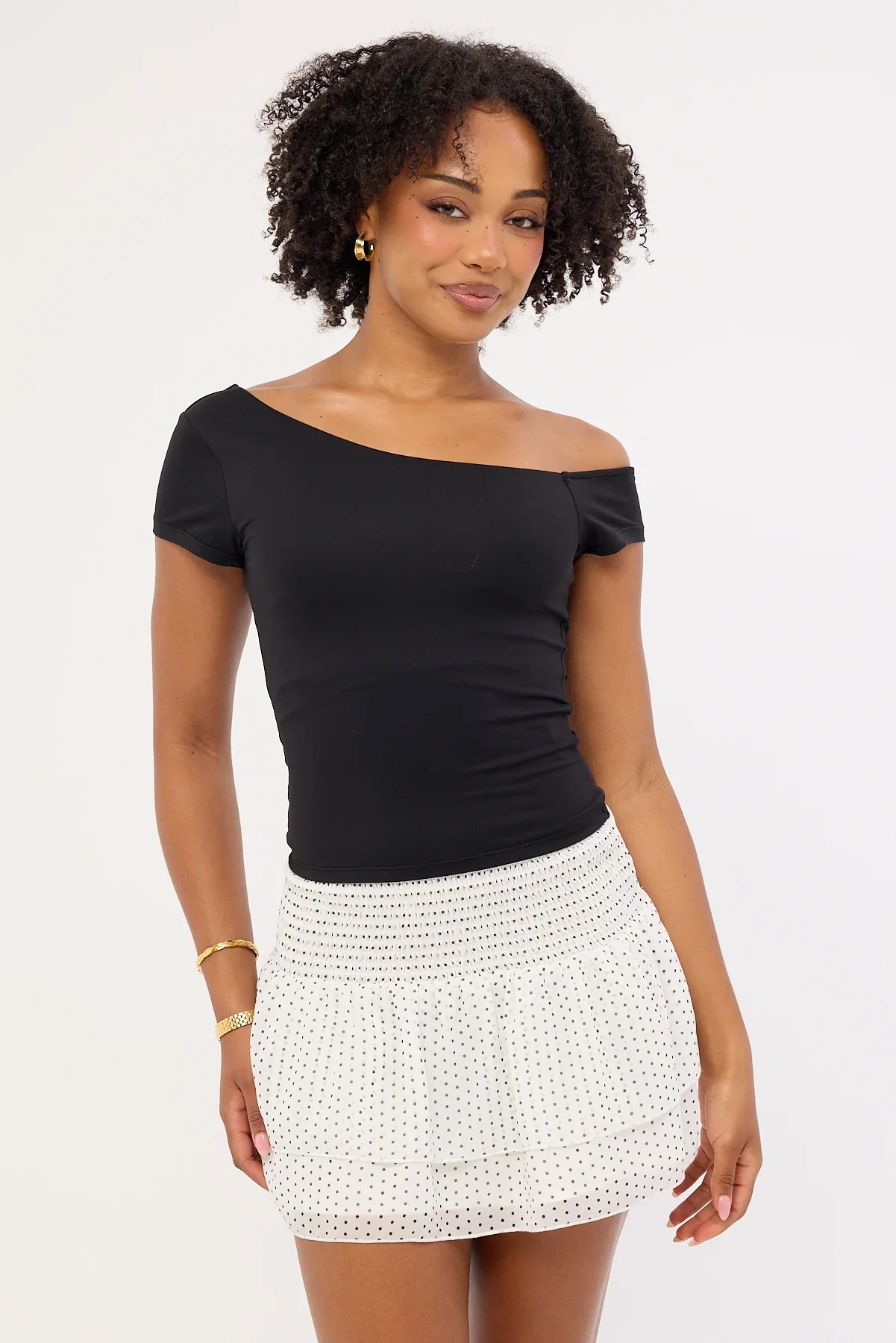 Luck & Trouble Louise Polka Shirred Mini Skirt White
