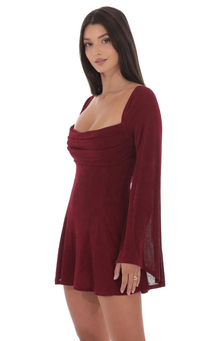 Slinky Flare Sleeve Dress in Burgundy - luluinthesky