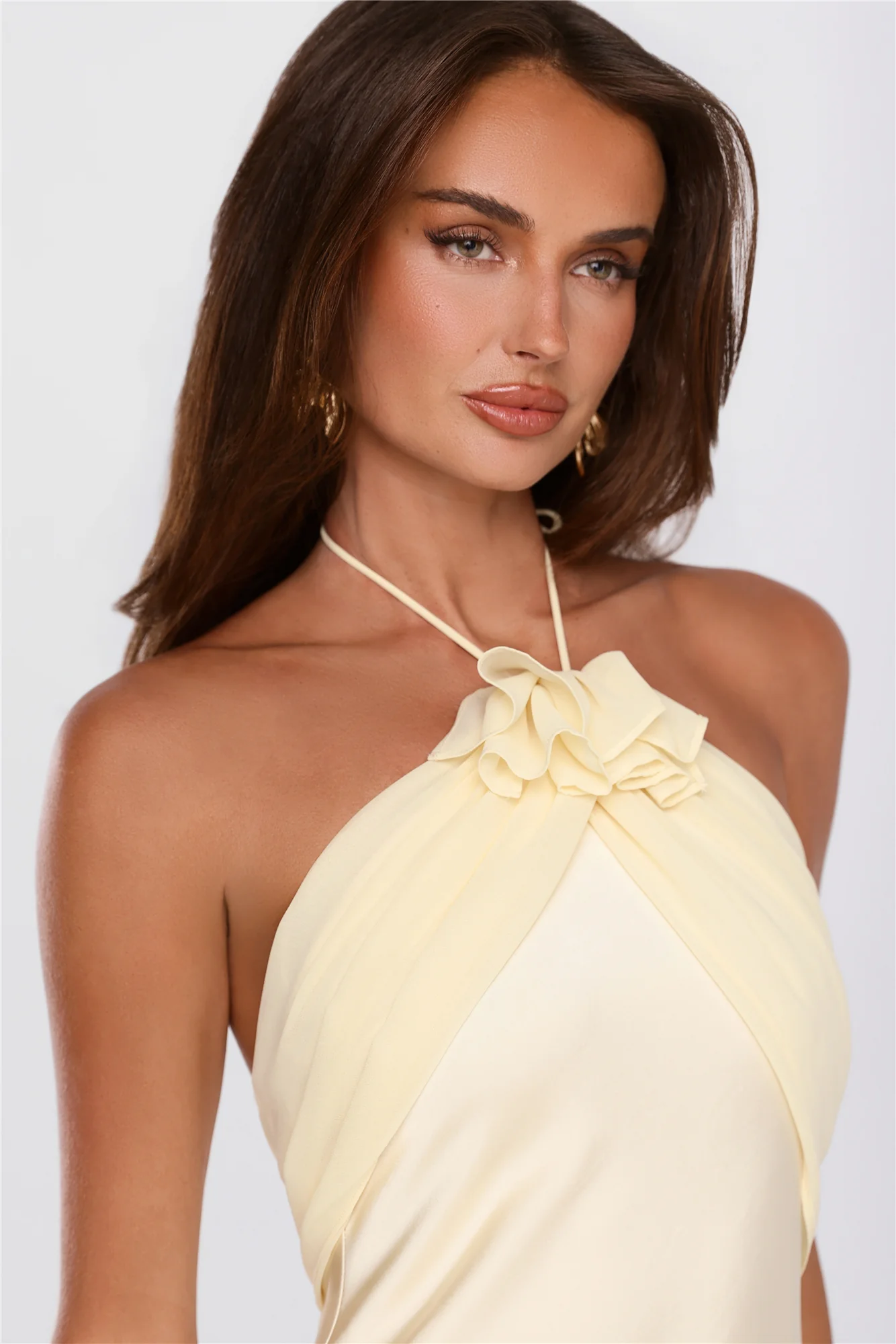 Irresistibly Sleek Halter Satin Maxi Dress Yellow - luluinthesky