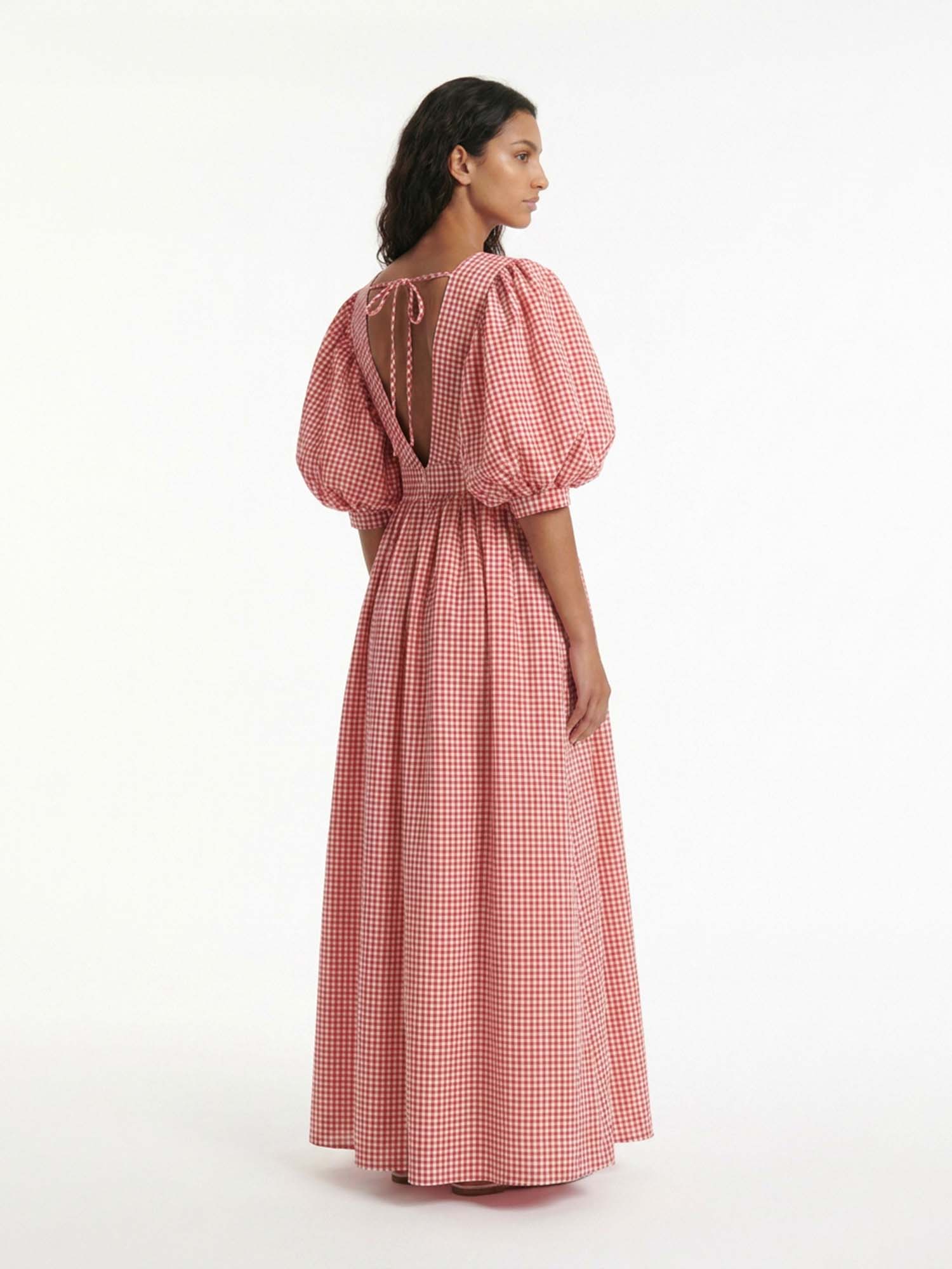 Red Gingham Puff Sleeve Maxi Dress
